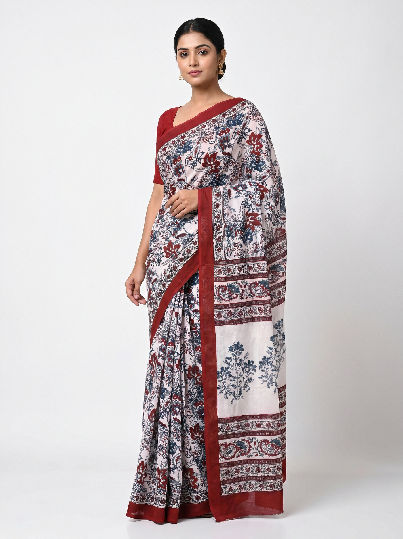 Grey + Wine pure mulmul cotton saree with blouse