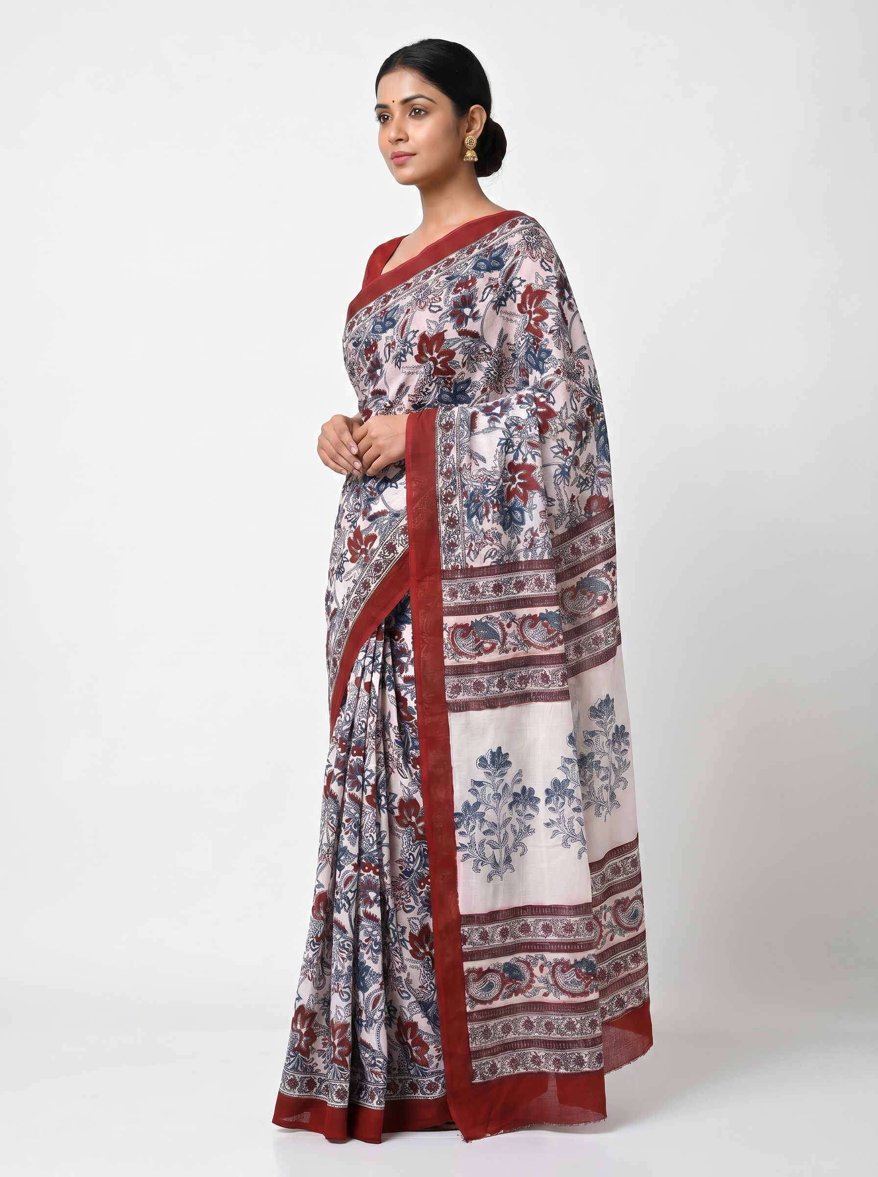 Pure Mulmul Cotton Saree | Grey + Wine Handblock Print | Summer & Office Wear | With Blouse image 2