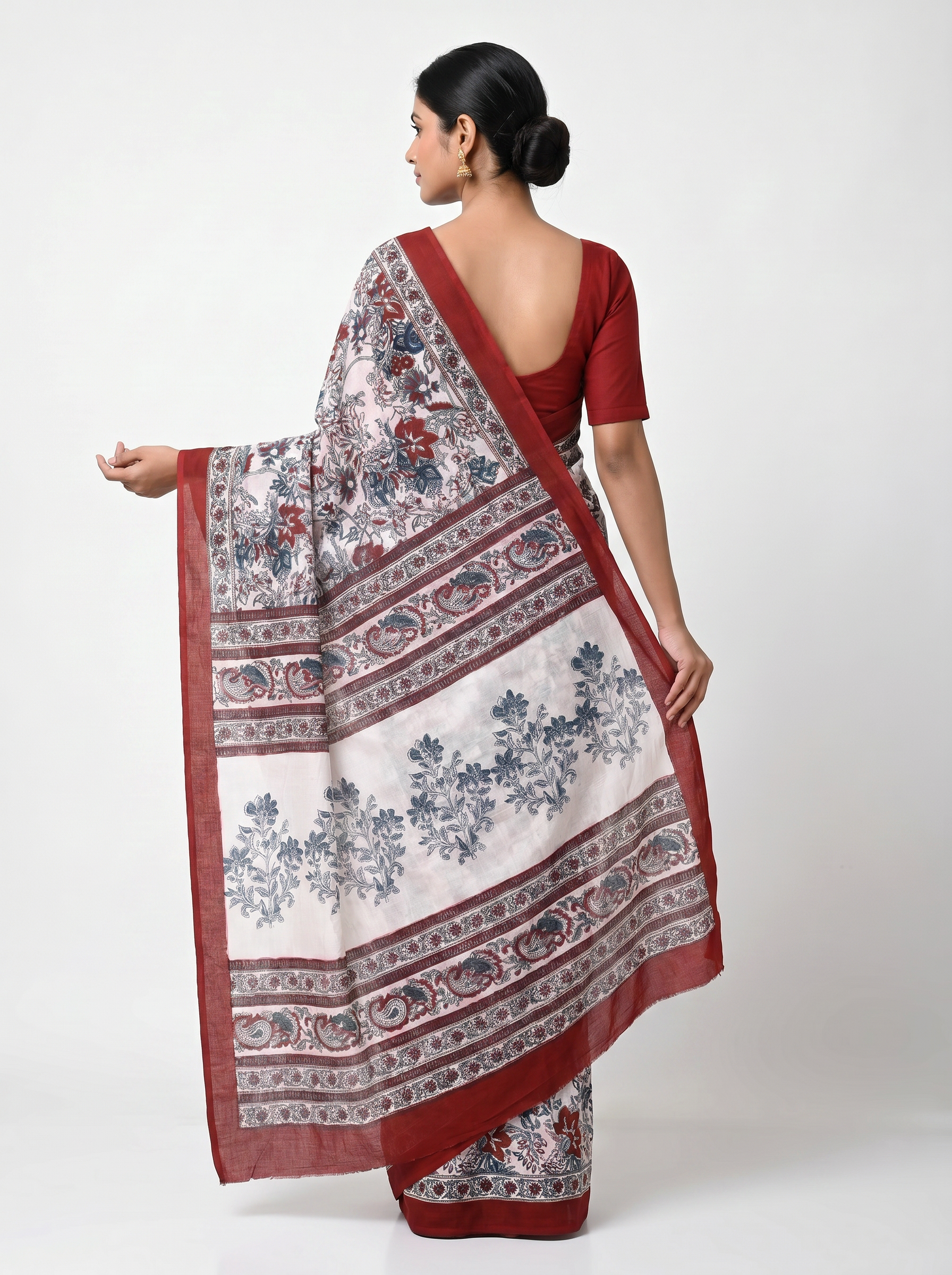 Pure Mulmul Cotton Saree | Grey + Wine Handblock Print | Summer & Office Wear | With Blouse image 3