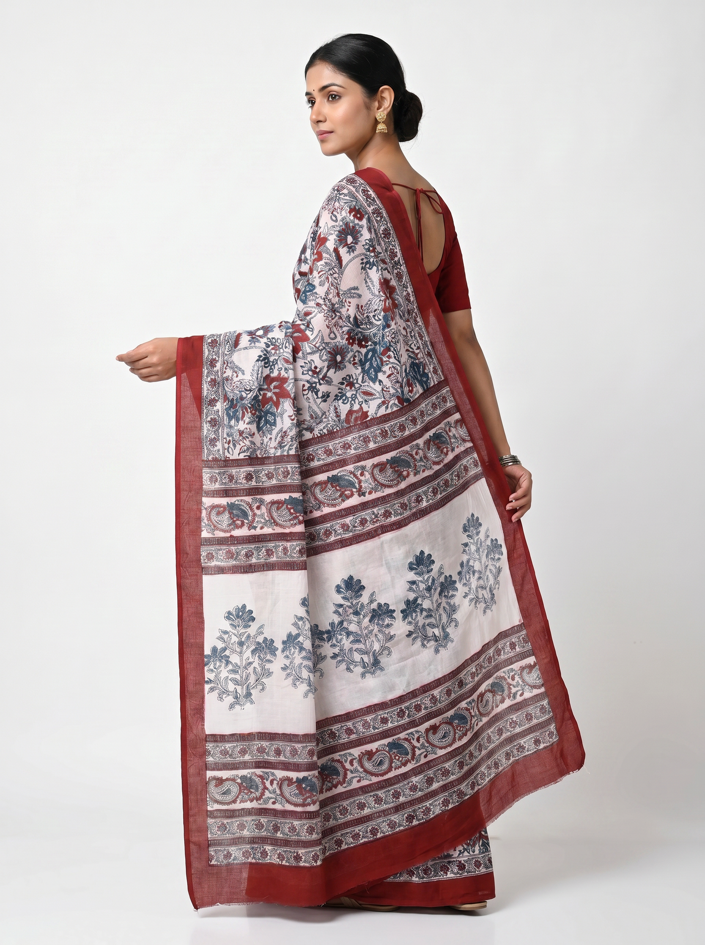 Pure Mulmul Cotton Saree | Grey + Wine Handblock Print | Summer & Office Wear | With Blouse image 4