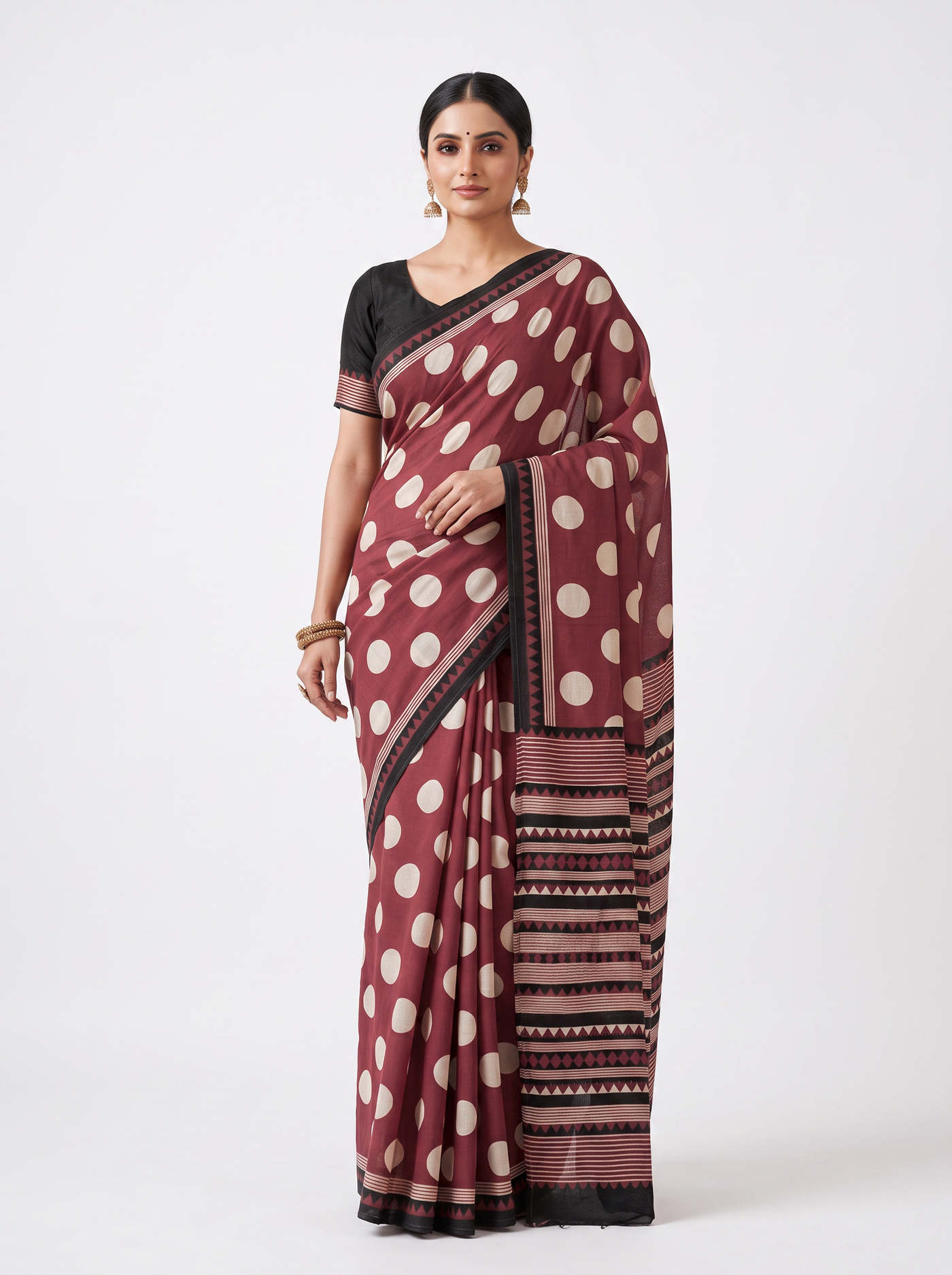 Wine & Off White Contrast Border Mulmul Saree with Blouse