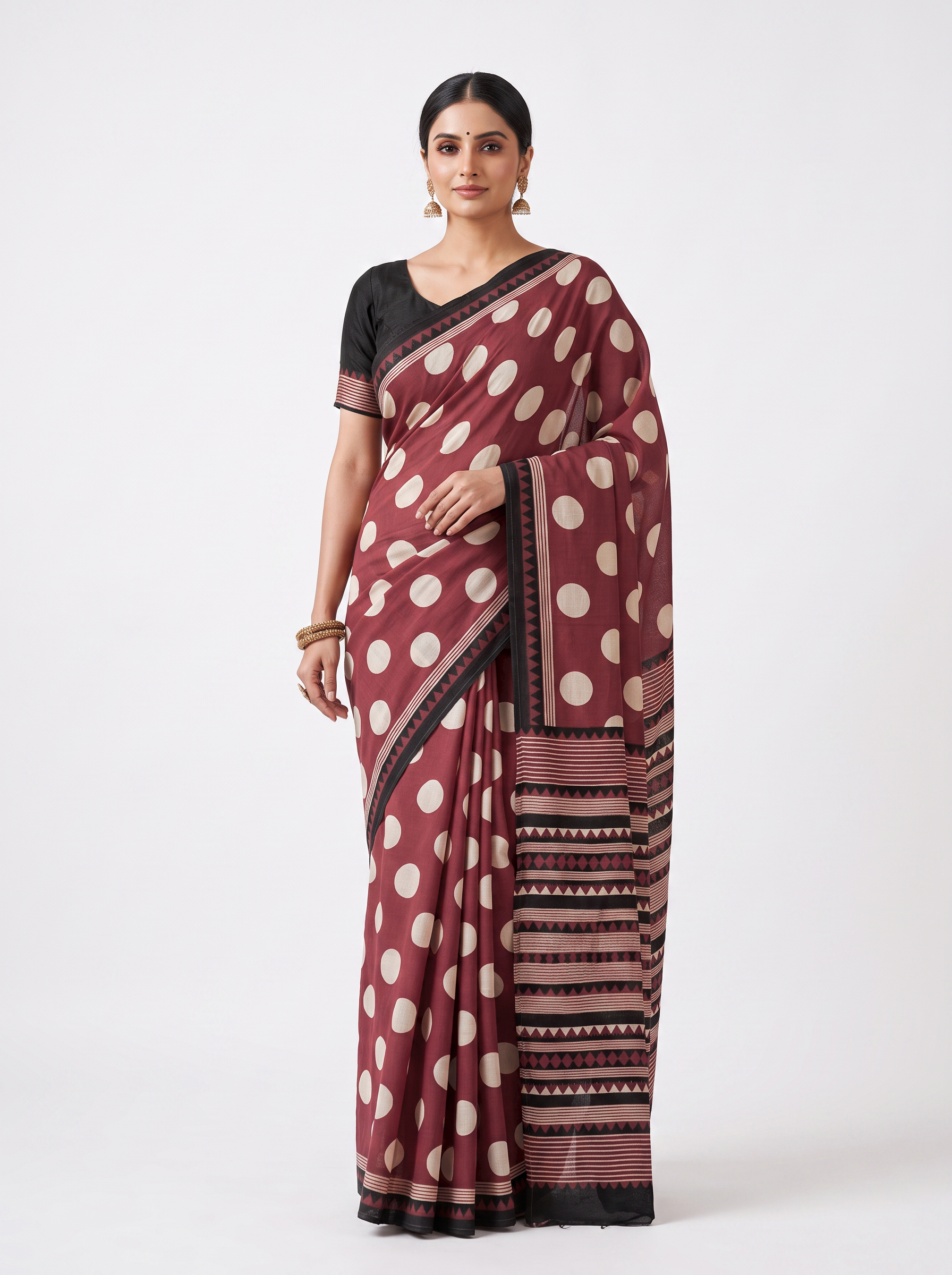 Wine & Off White Contrast Border Mulmul Saree with Blouse