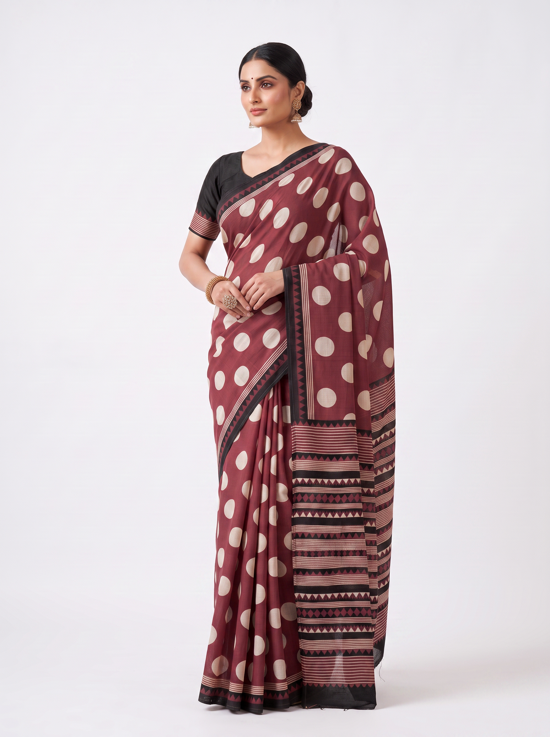 Wine & Off White Contrast Border Mulmul Saree with Blouse - view 2