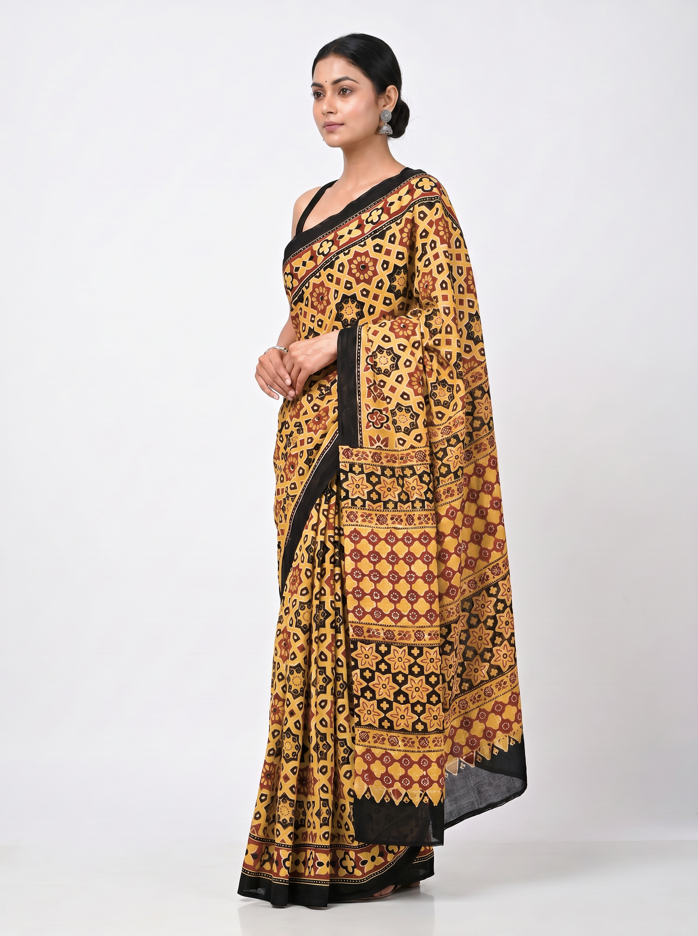 Pure Mulmul Cotton Saree | Brick Red + Burnt Orange + Golden Woven Golden Zari | Festive Wear | With Blouse image 2