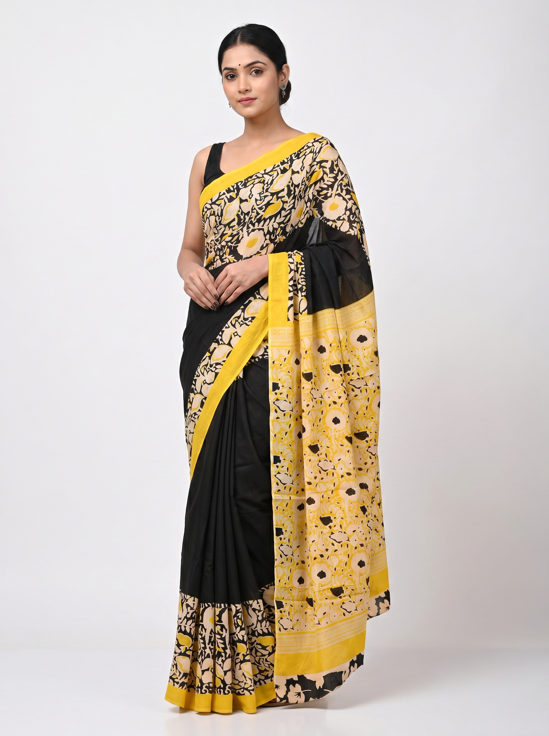 Golden pure mulmul cotton saree with blouse