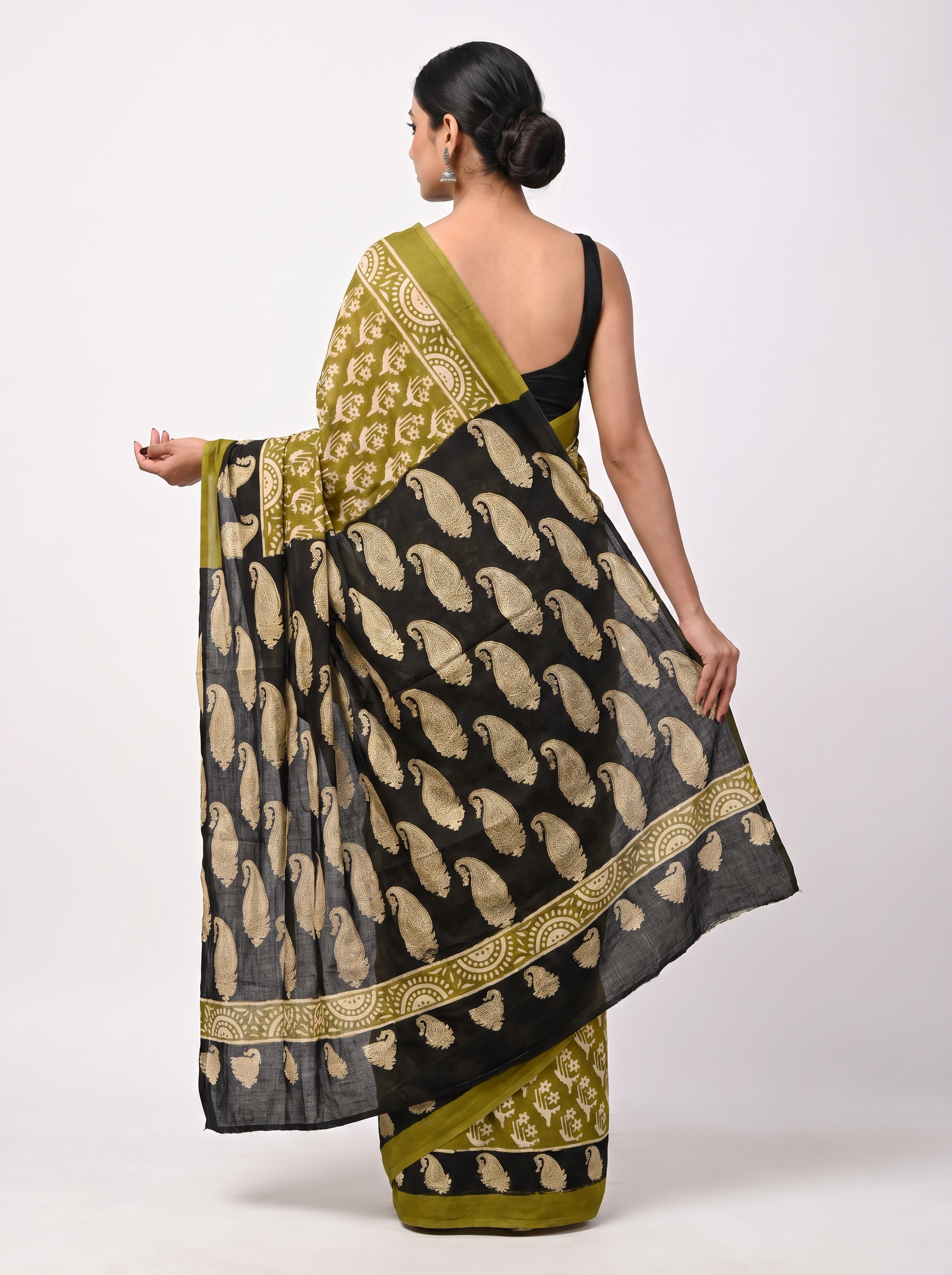 Pure Mulmul Cotton Saree | Burnt Orange + Golden + Ochre + Black Woven Golden Zari | Festive Wear | With Blouse image 3