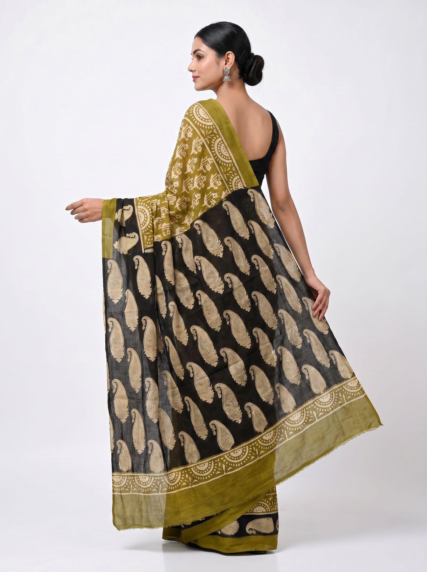 Pure Mulmul Cotton Saree | Burnt Orange + Golden + Ochre + Black Woven Golden Zari | Festive Wear | With Blouse image 4