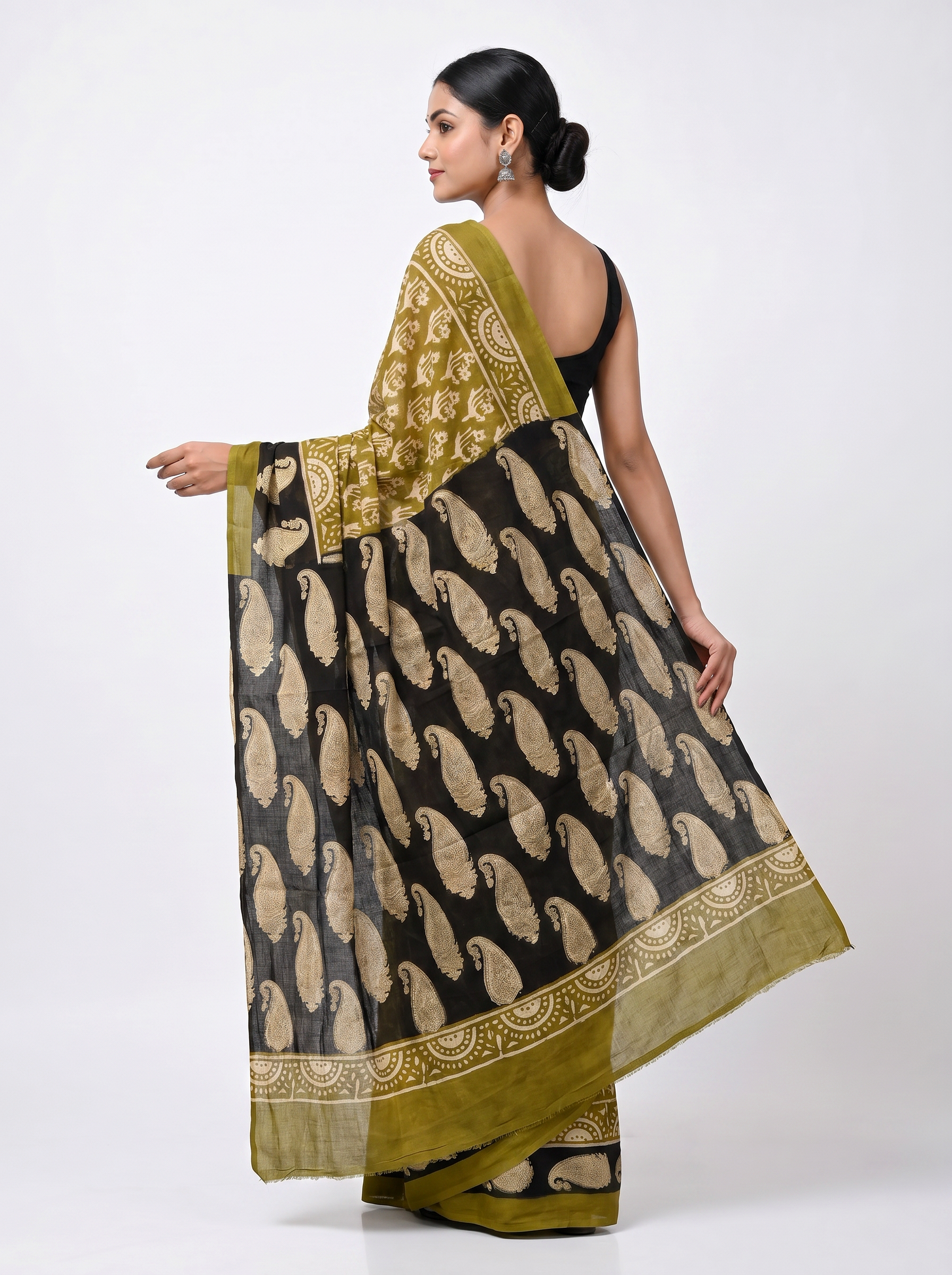 Pure Mulmul Cotton Saree | Burnt Orange + Golden + Ochre + Black Woven Golden Zari | Festive Wear | With Blouse image 4