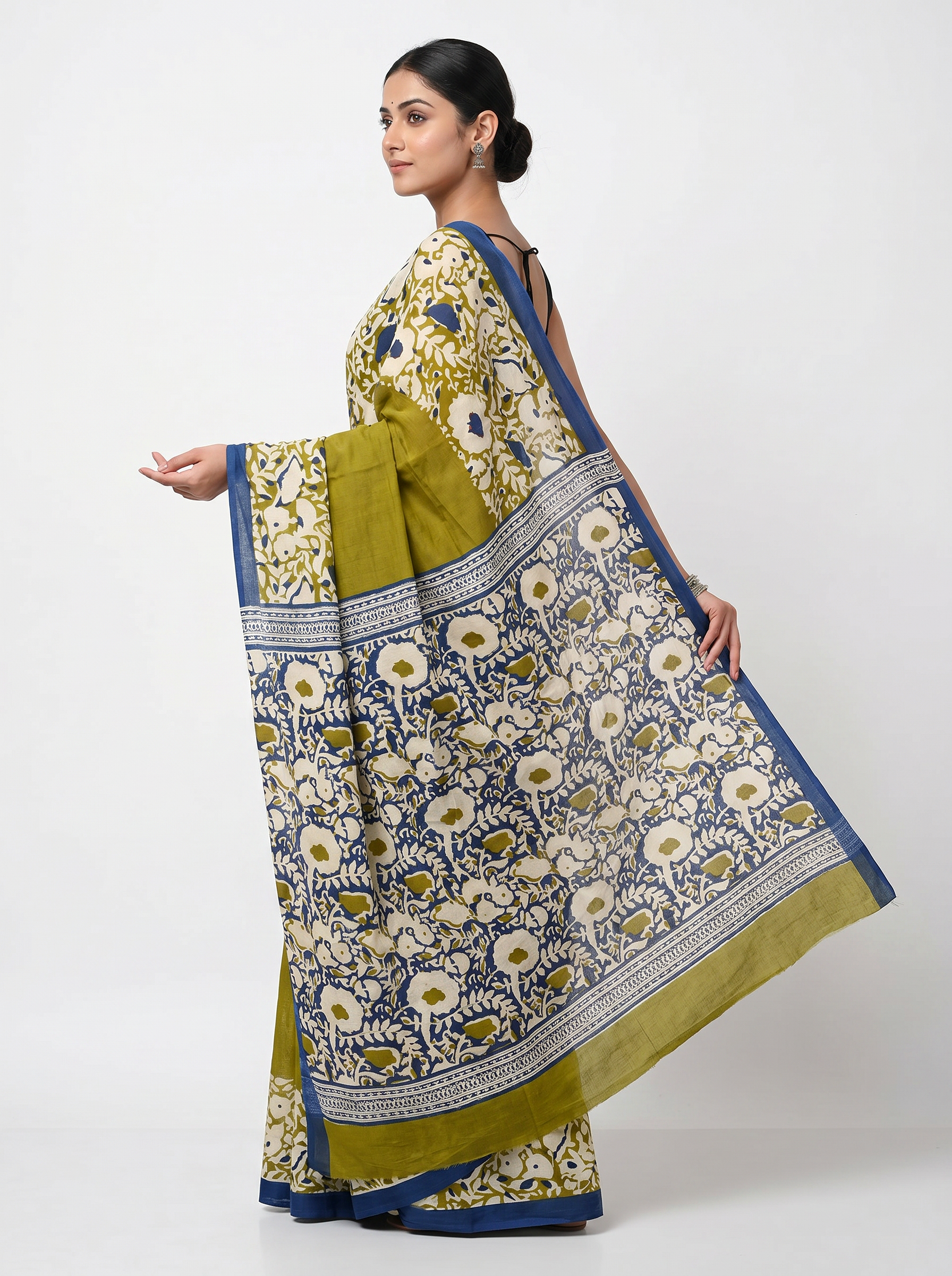 Pure Mulmul Cotton Saree | Golden + Ochre + Grey Woven Golden Zari | Festive Wear | With Blouse image 4