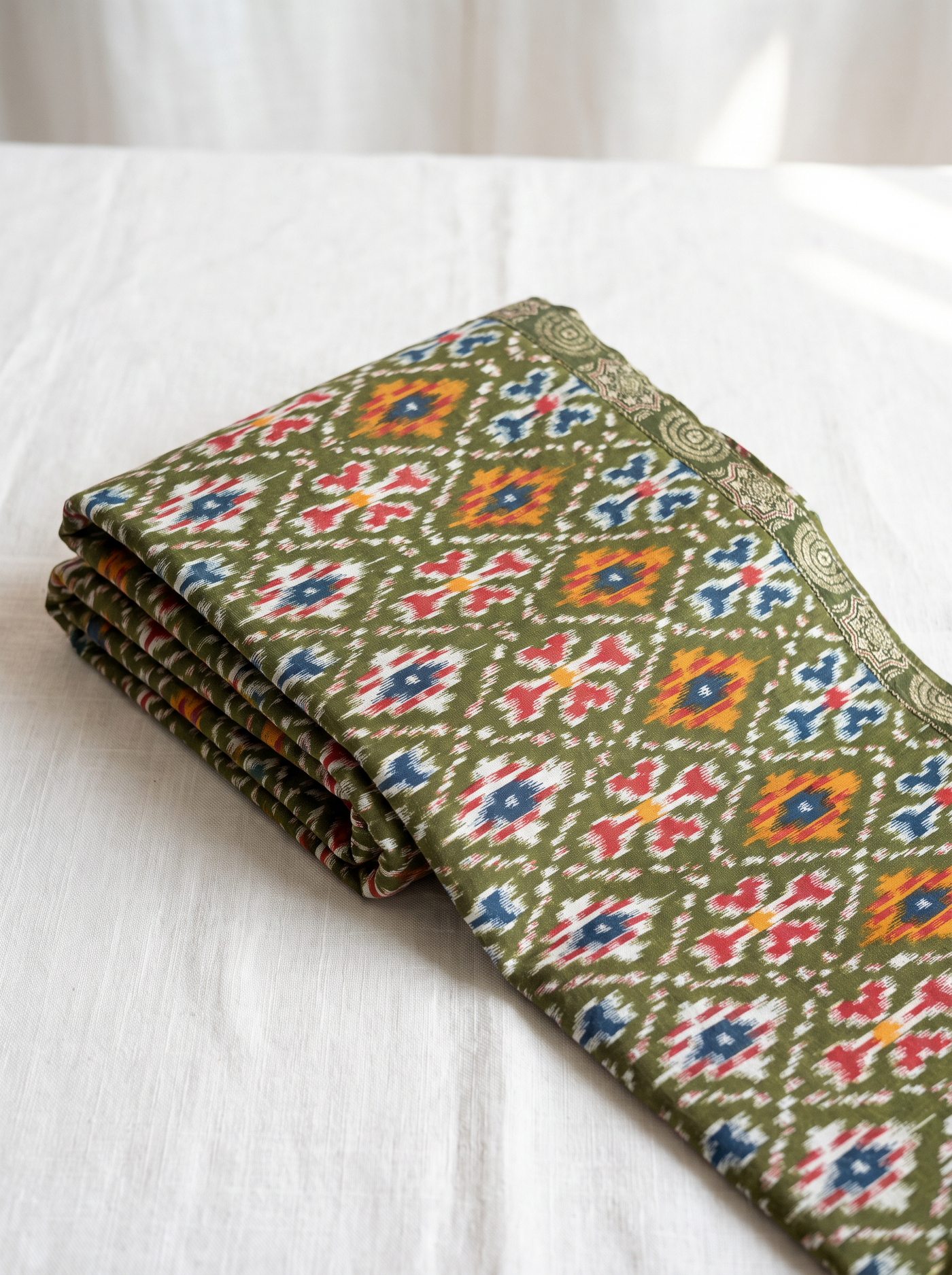 Olive Green Patola Print Cotton Than Fabric sold by meter at Bana