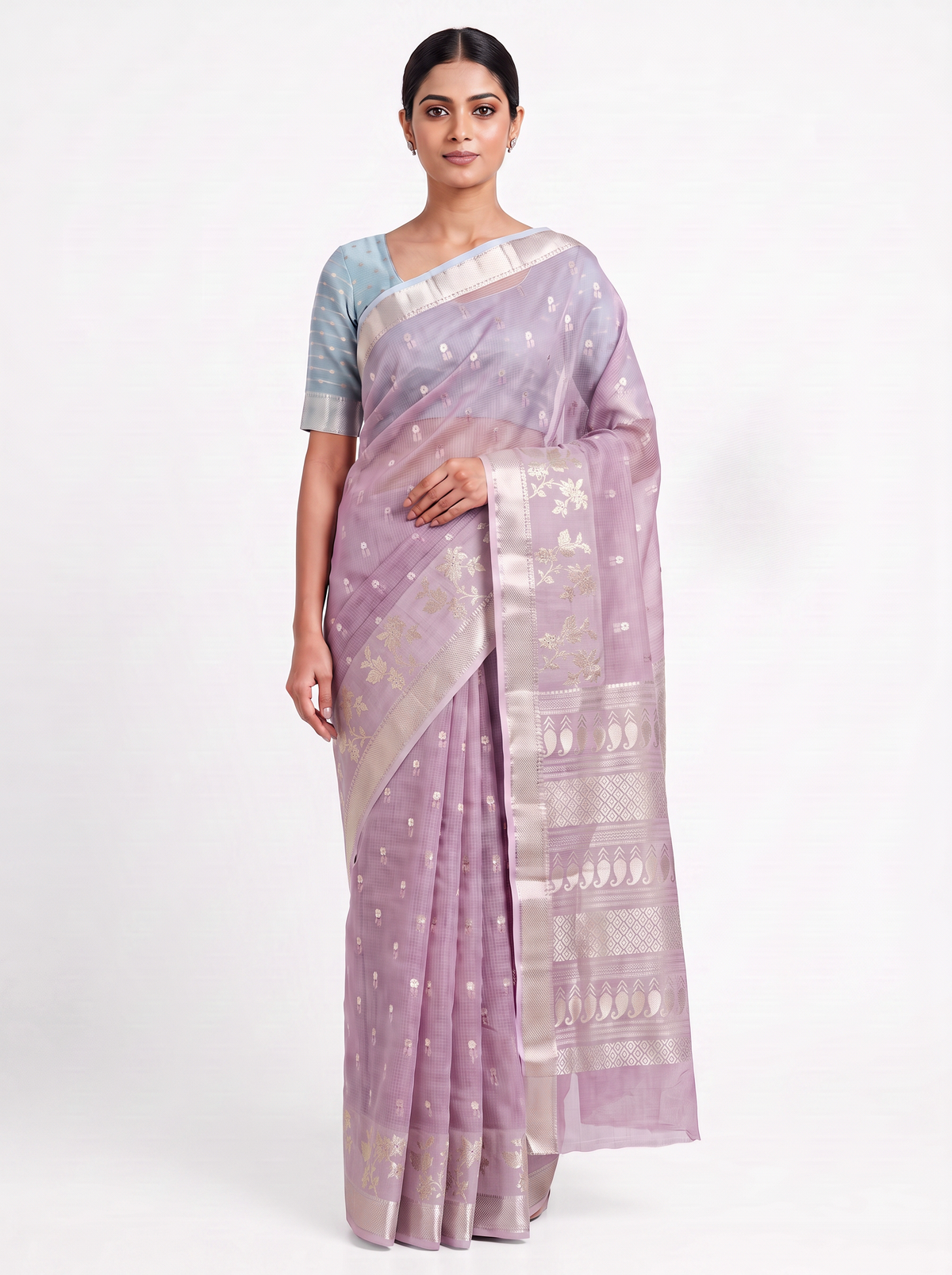 Pure Kota Doria Saree with Meena Work and Golden Zari Pallu - Blush Pink with Sky Blue Blouse