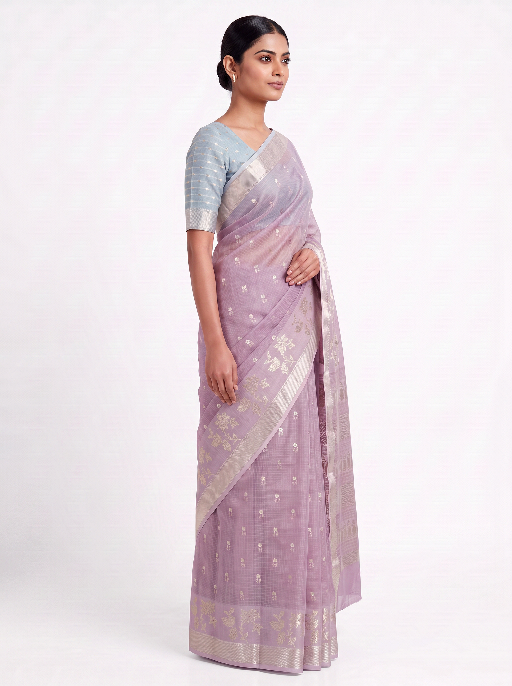 Pure Kota Doria Saree with Meena Work and Golden Zari Pallu - Blush Pink with Sky Blue Blouse view 2