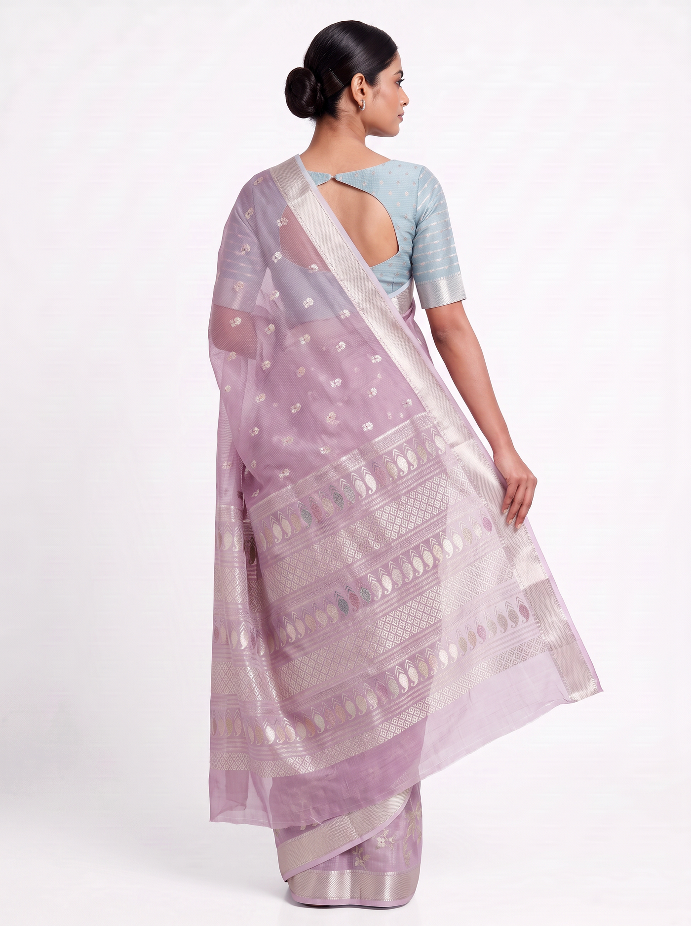 Pure Kota Doria Saree with Meena Work and Golden Zari Pallu - Blush Pink with Sky Blue Blouse view 3
