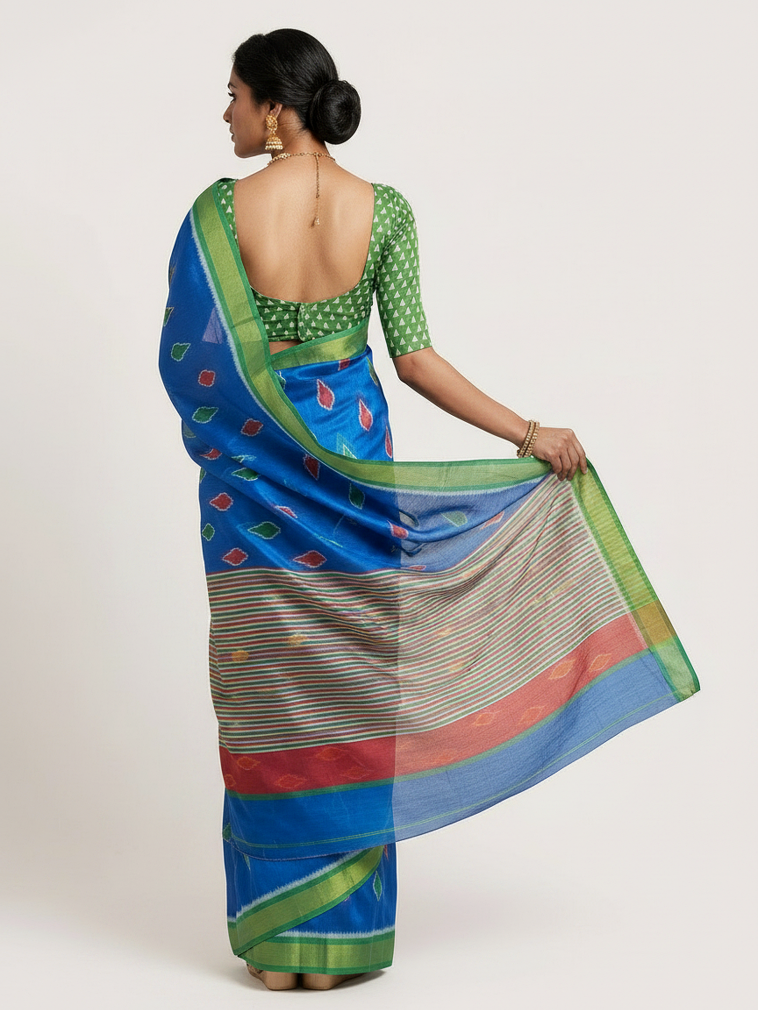 Pochampalli Mulmul Cotton Saree with Striped Pallu and Blouse