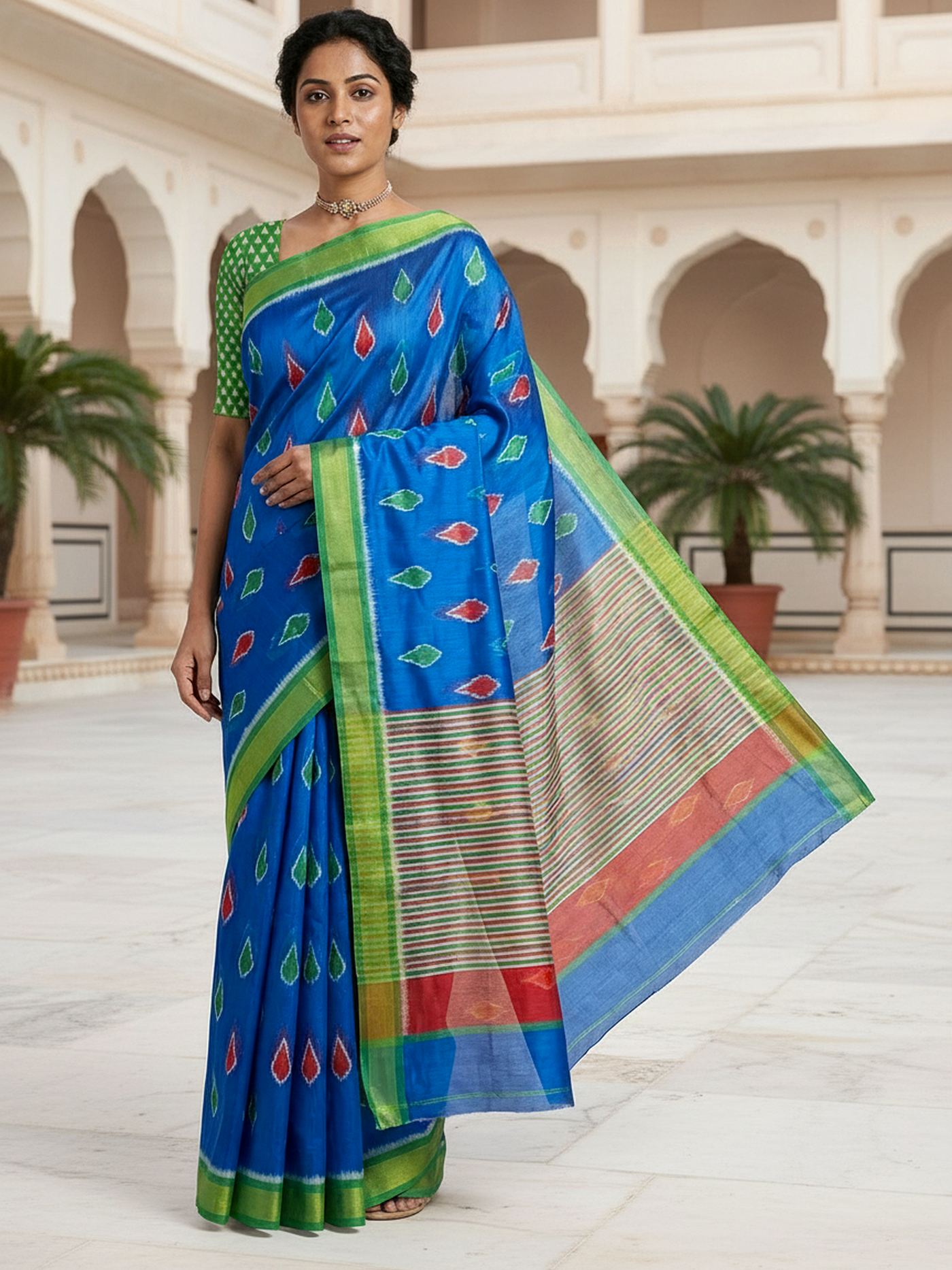 Pochampalli Mulmul Cotton Saree with Striped Pallu and Blouse