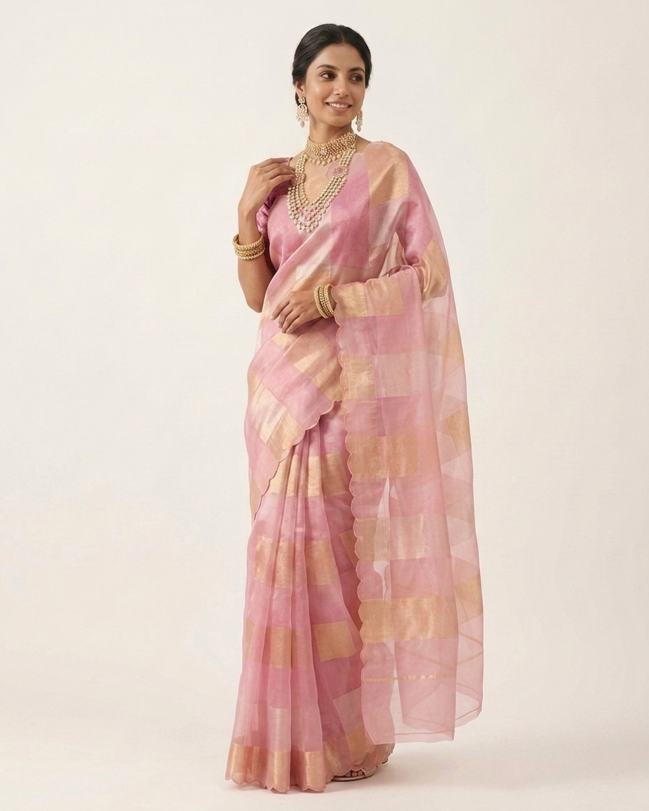 Pure Katan Tissue Silk Saree Gold Stripe Pallu Scallop Border With Blouse