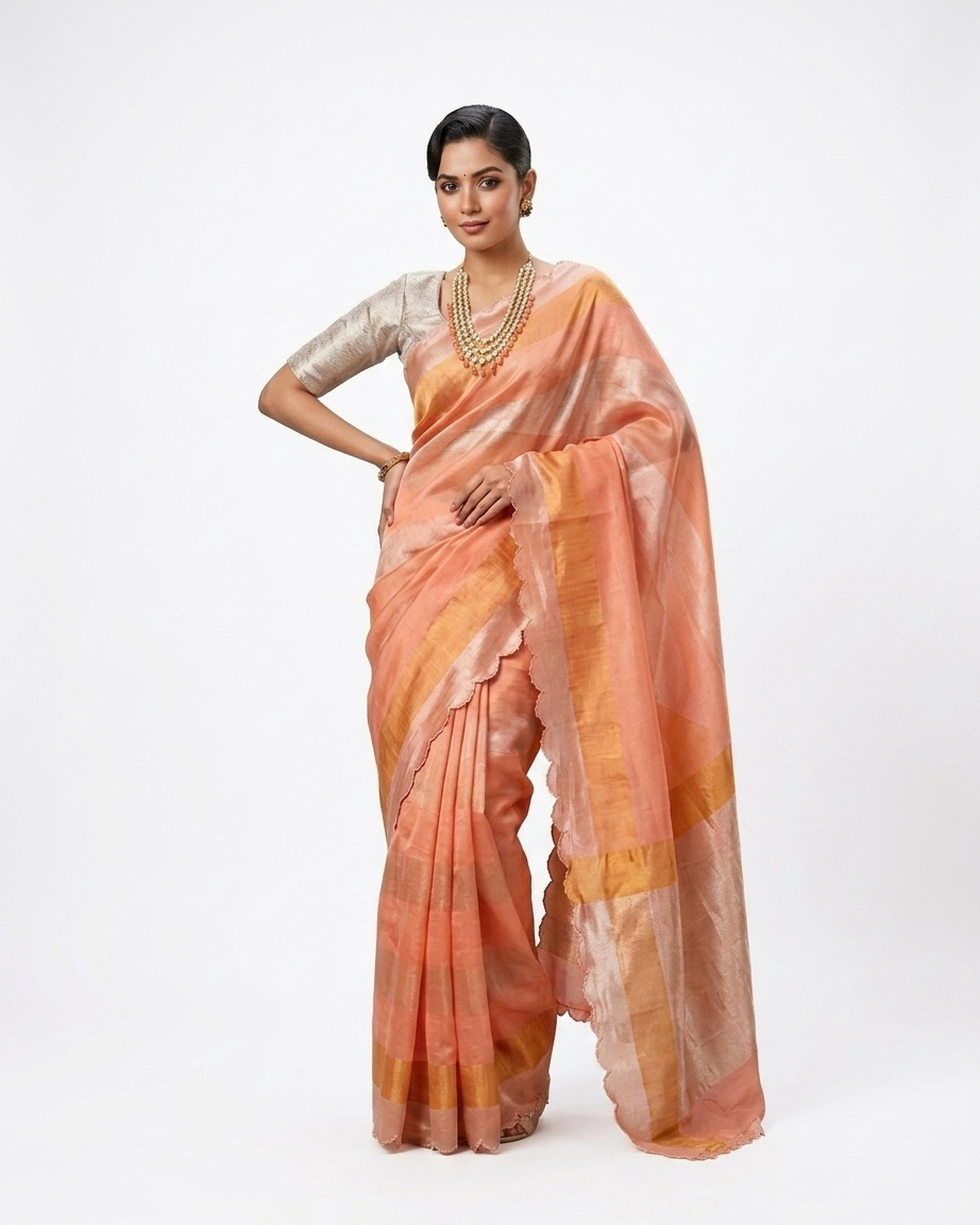 Pure Katan Tissue Silk Saree Gold Stripe Pallu Scallop Border With Blouse - Peach Orange & Gold