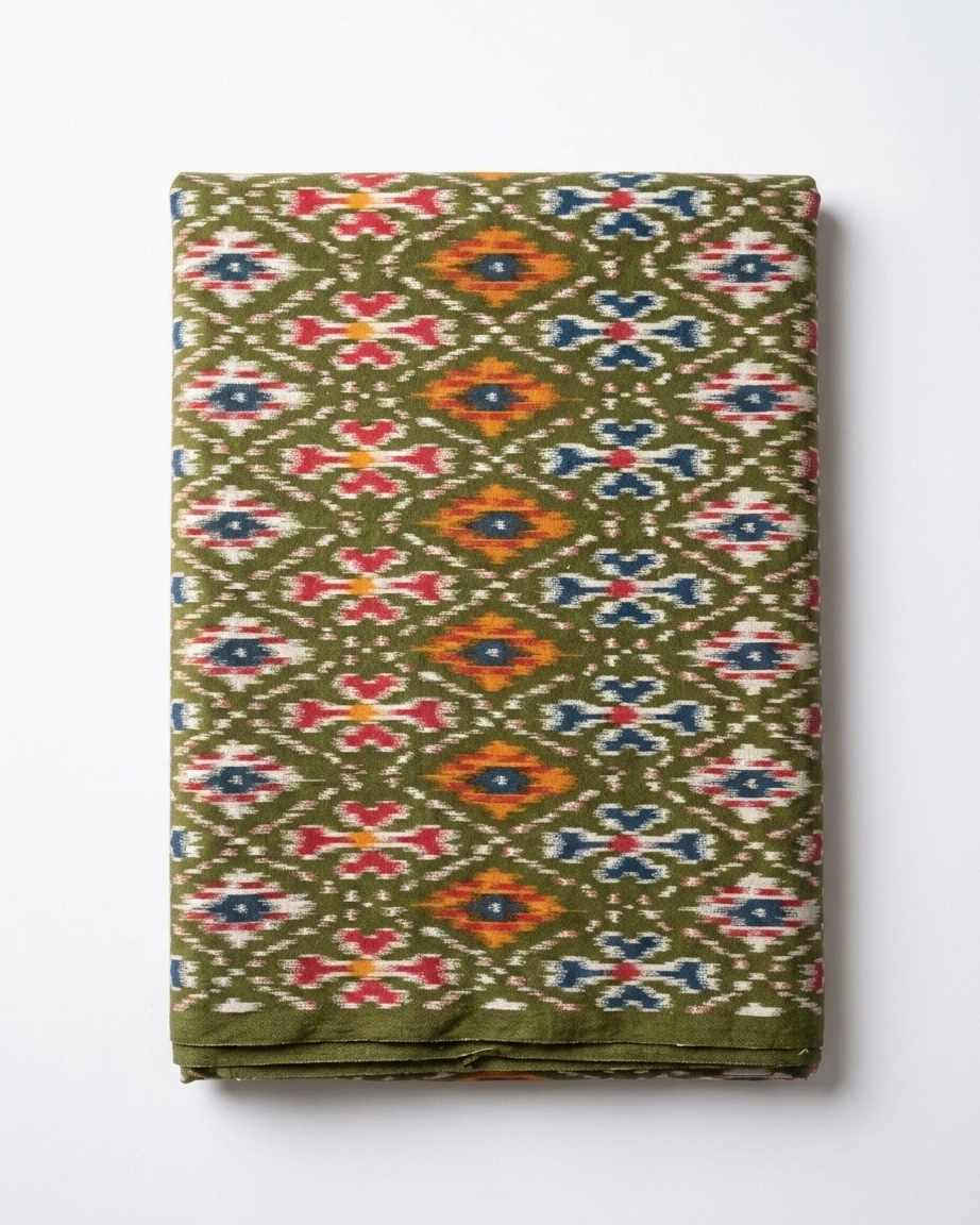 Olive Green Patola Print Cotton Than Fabric