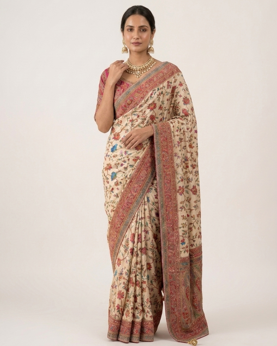 Pure Handwoven Silk Saree With Heavy Palla & Stitched Rani Padded Blouse - Peach Rose & Gold with Rani Blouse