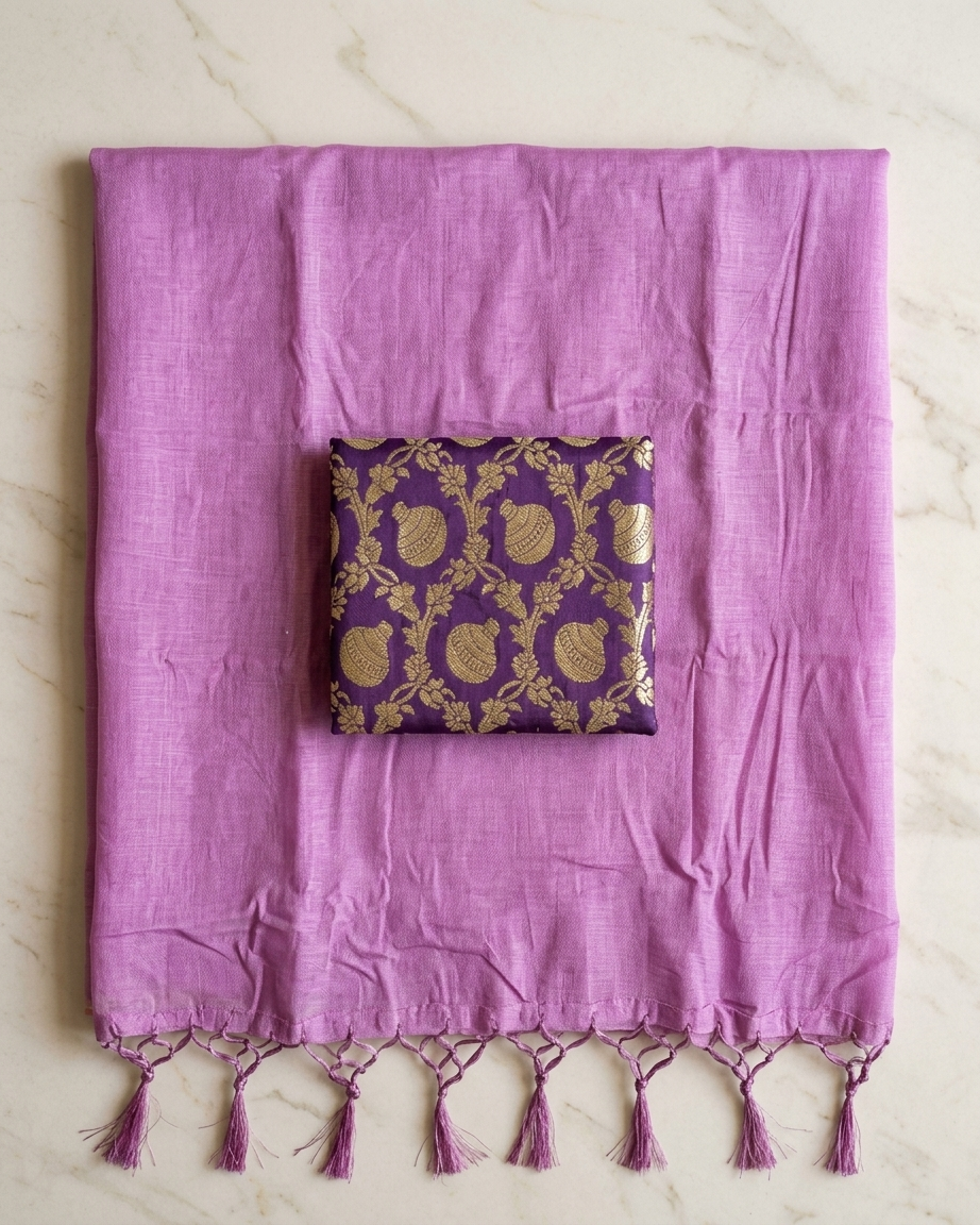 Plain Mul Chanderi Saree with Brocade Blouse - Orchid Pink detail view