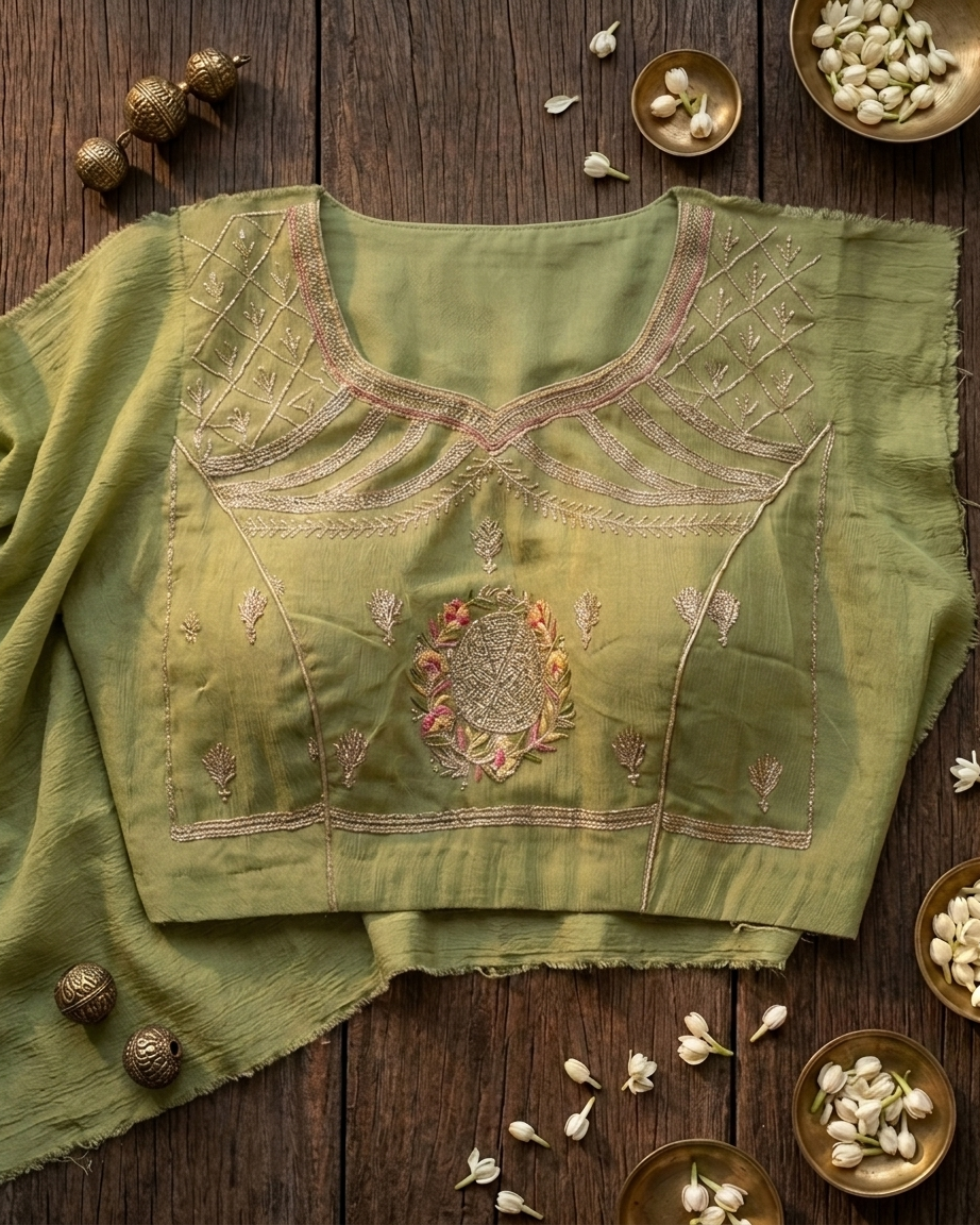 Sage Green Chiffon Saree with Cutdana Embellished Pallu