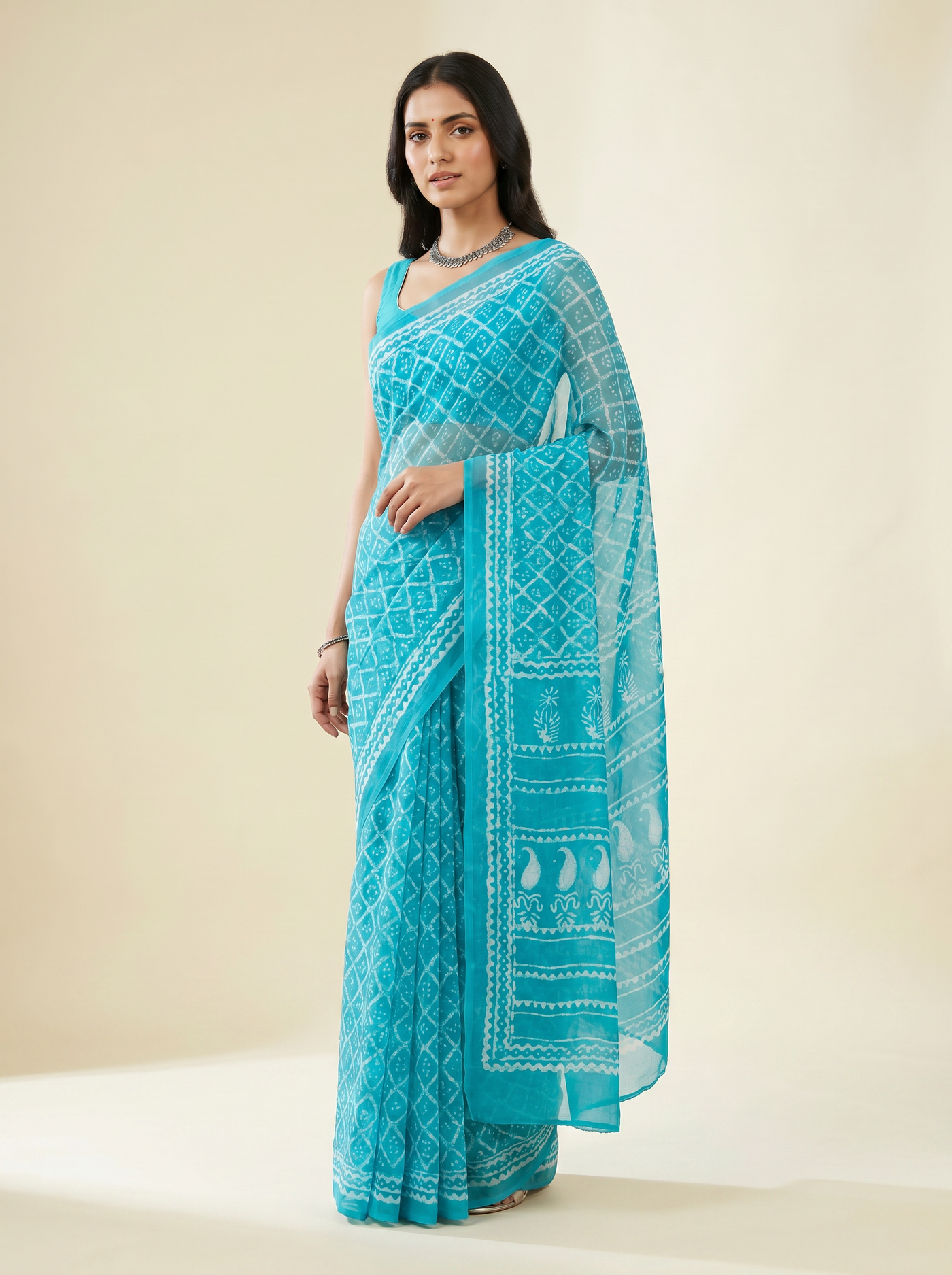 Aqua Blue pure double diamond chiffon saree with Bagru Ajrakh print