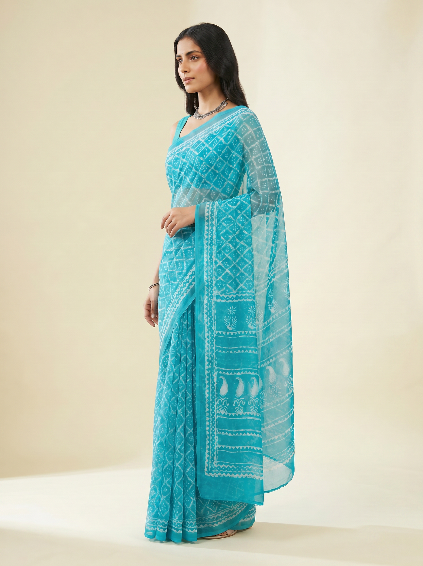 Pure Double Diamond Chiffon Saree | Aqua Blue Bagru Handblock Ajrakh Self Design | Natural Dye | Nazakat image 2