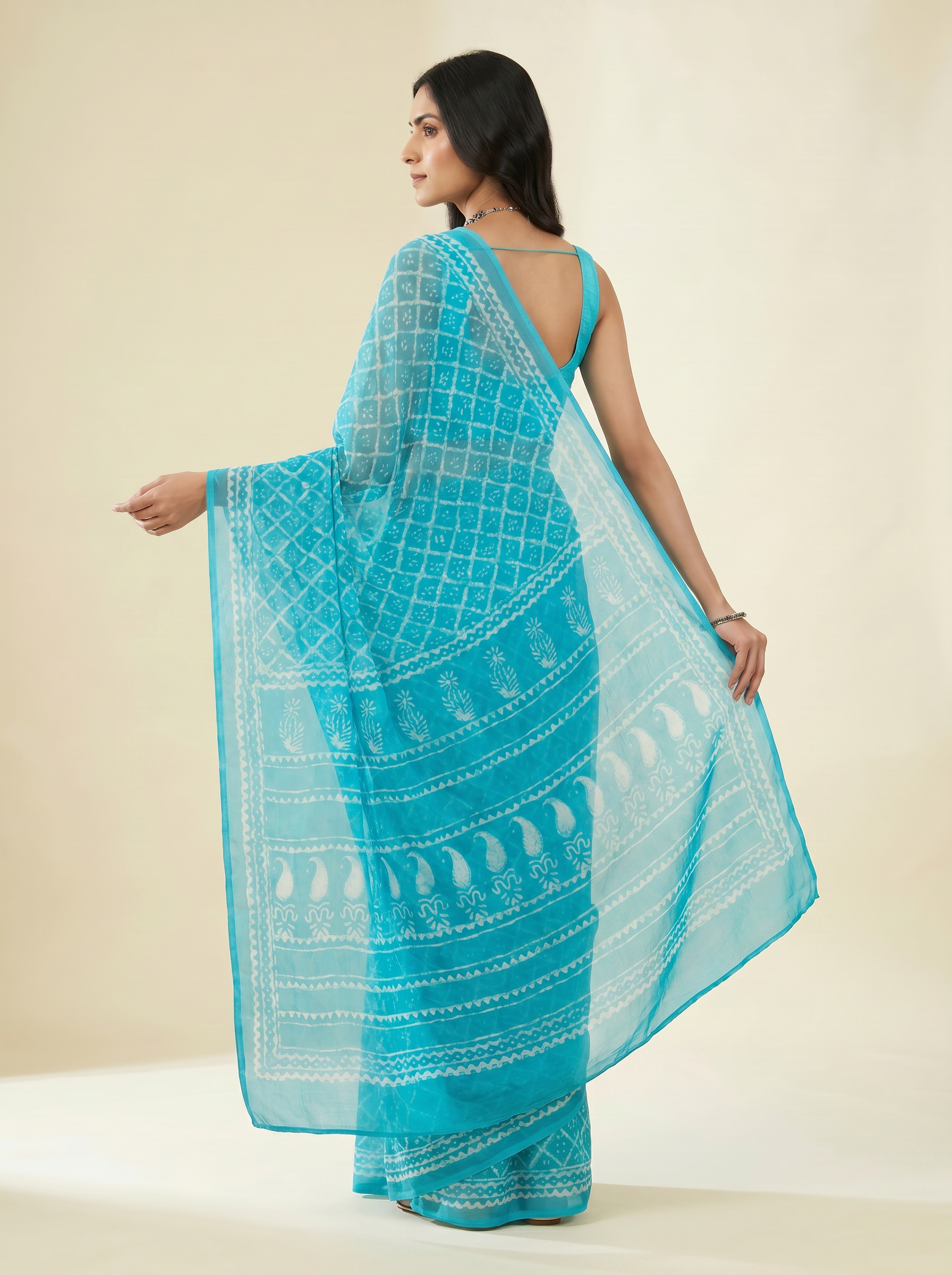 Pure Double Diamond Chiffon Saree | Aqua Blue Bagru Handblock Ajrakh Self Design | Natural Dye | Nazakat image 4
