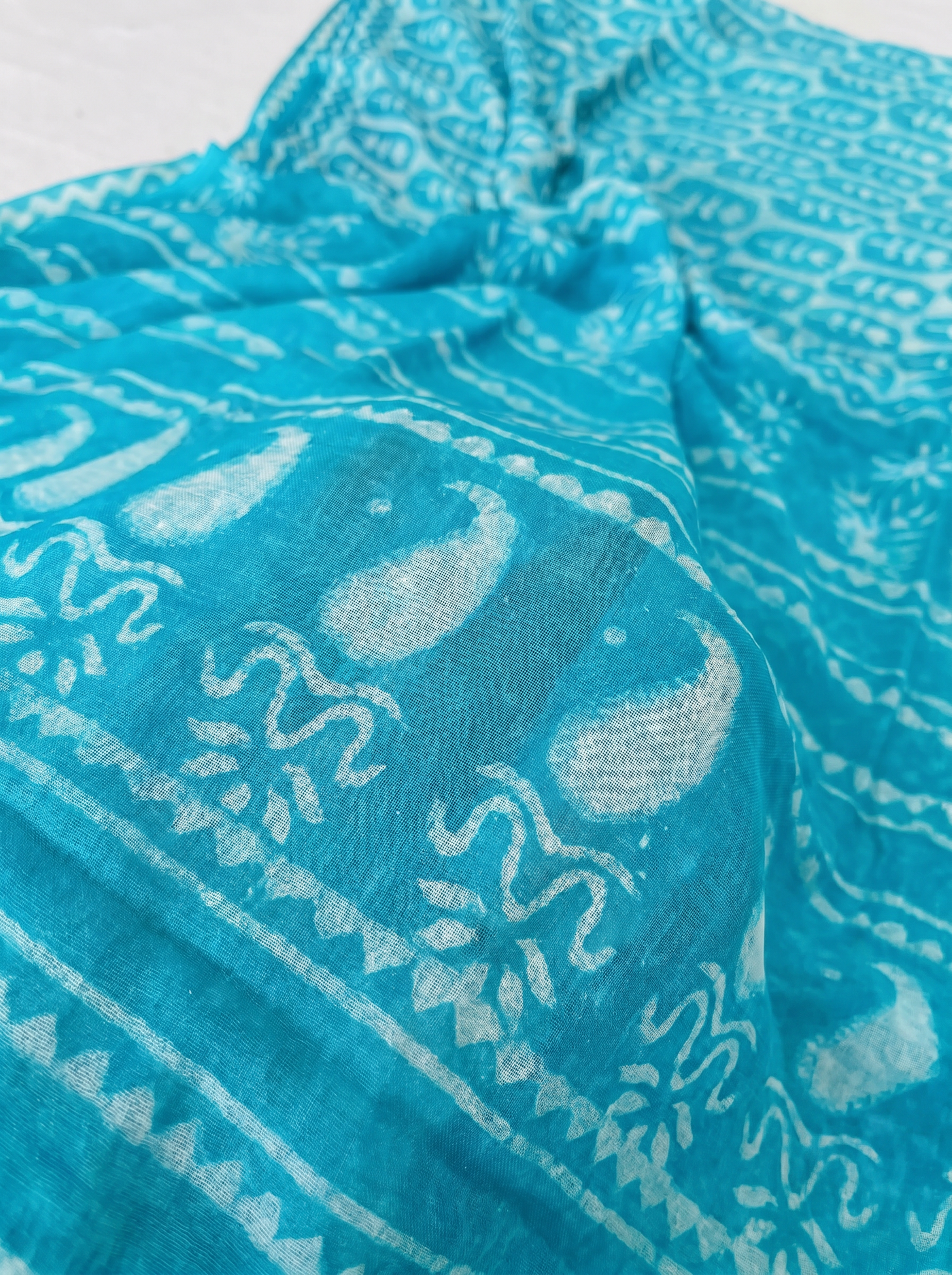 Pure Double Diamond Chiffon Saree | Aqua Blue Bagru Handblock Ajrakh Self Design | Natural Dye | Nazakat image 5