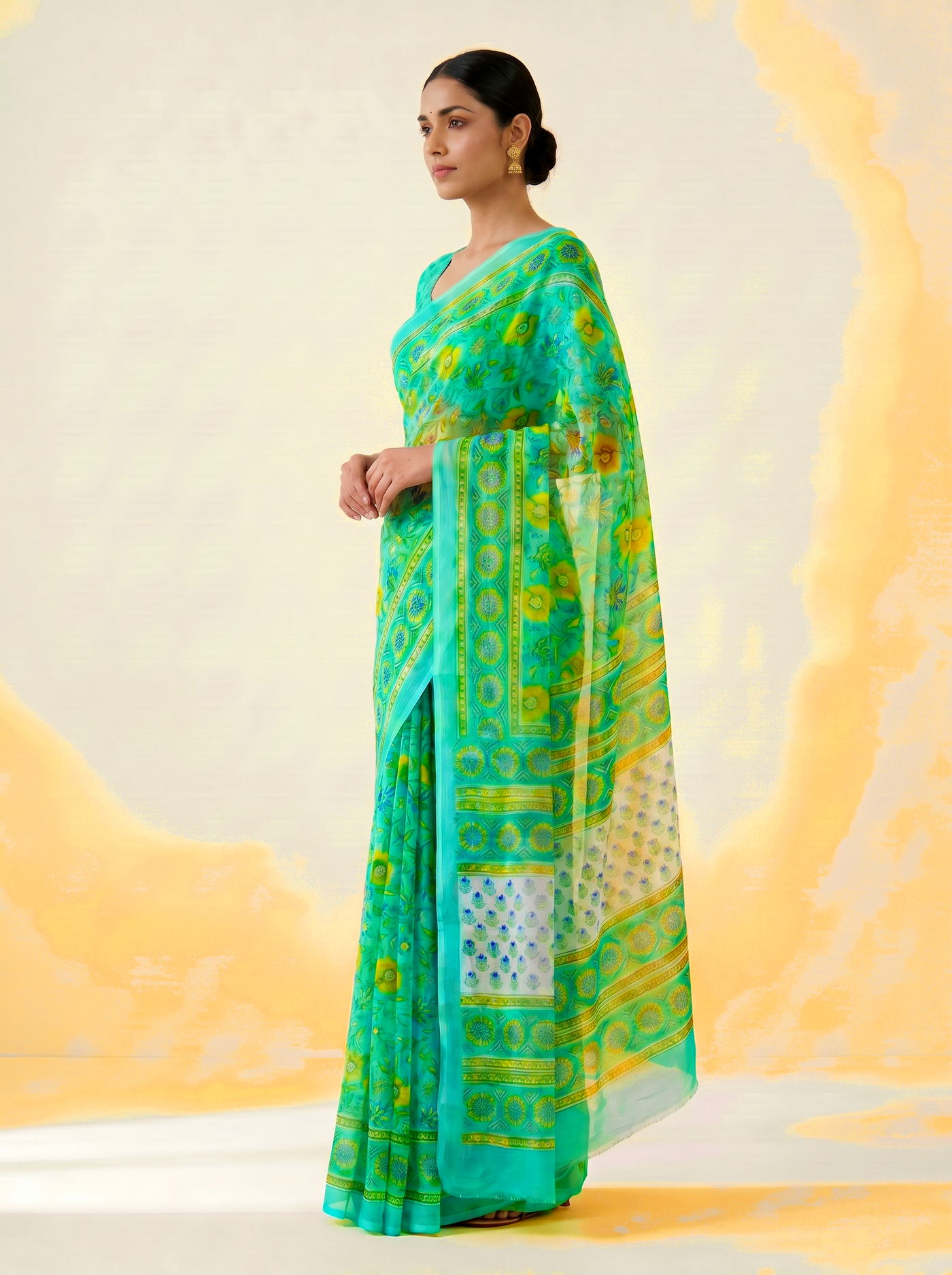 Pure Double Diamond Chiffon Saree | Aqua Blue + Sage Green Bagru Handblock Ajrakh Print | Natural Dye | Nazakat image 2