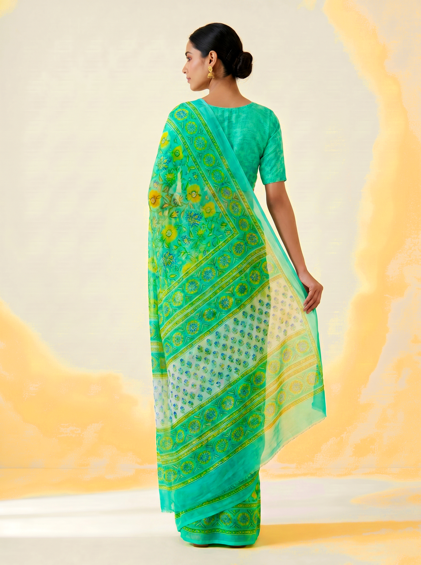 Pure Double Diamond Chiffon Saree | Aqua Blue + Sage Green Bagru Handblock Ajrakh Print | Natural Dye | Nazakat image 3