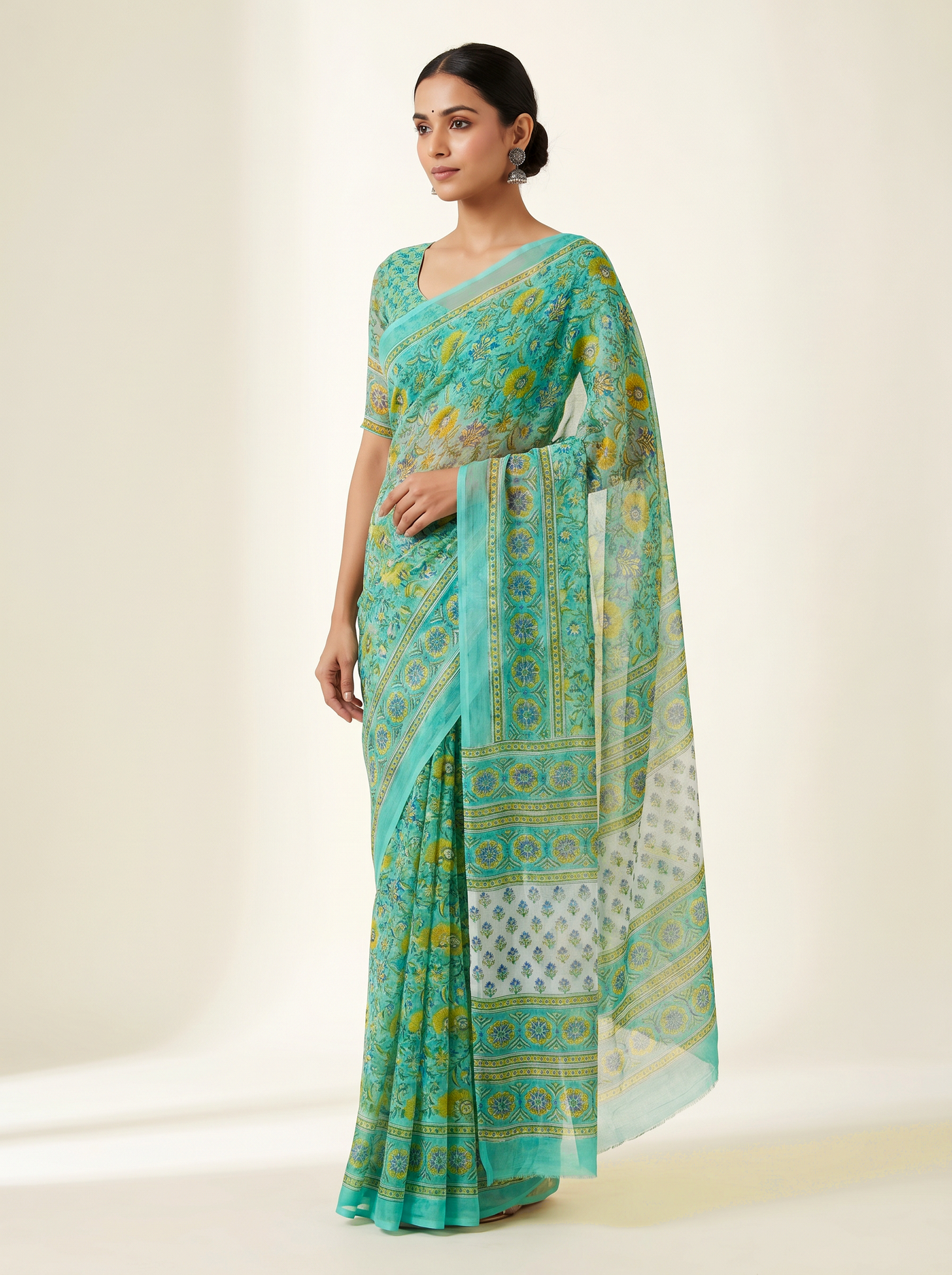 Pure Double Diamond Chiffon Saree | Aqua Blue + Sage Green Bagru Handblock Ajrakh Print | Natural Dye | Nazakat image 5