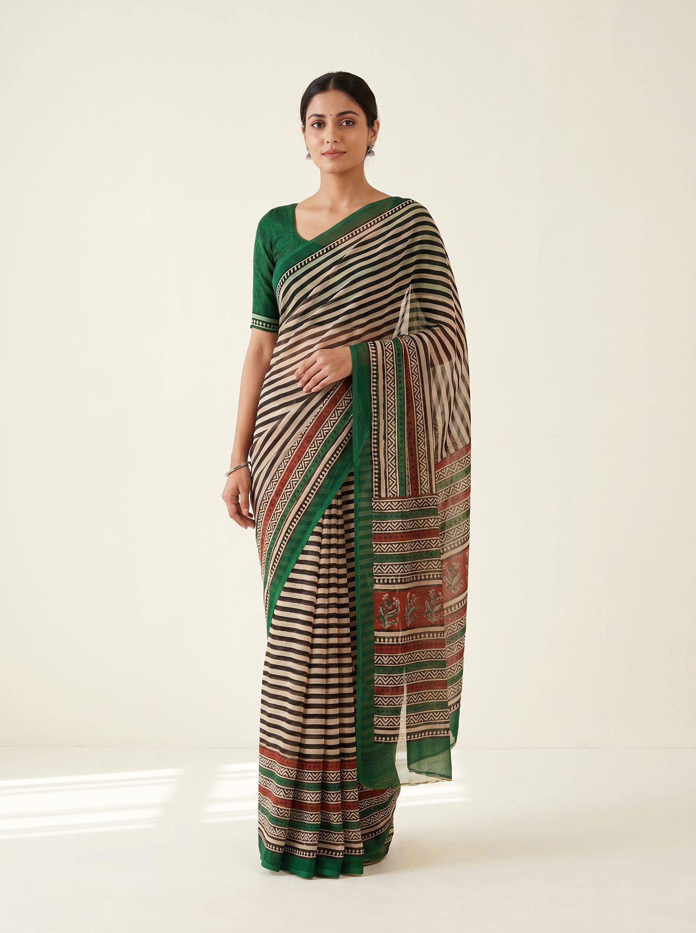 Bottle Green + Off White + Beige + Peach pure double diamond chiffon saree with Bagru Ajrakh print