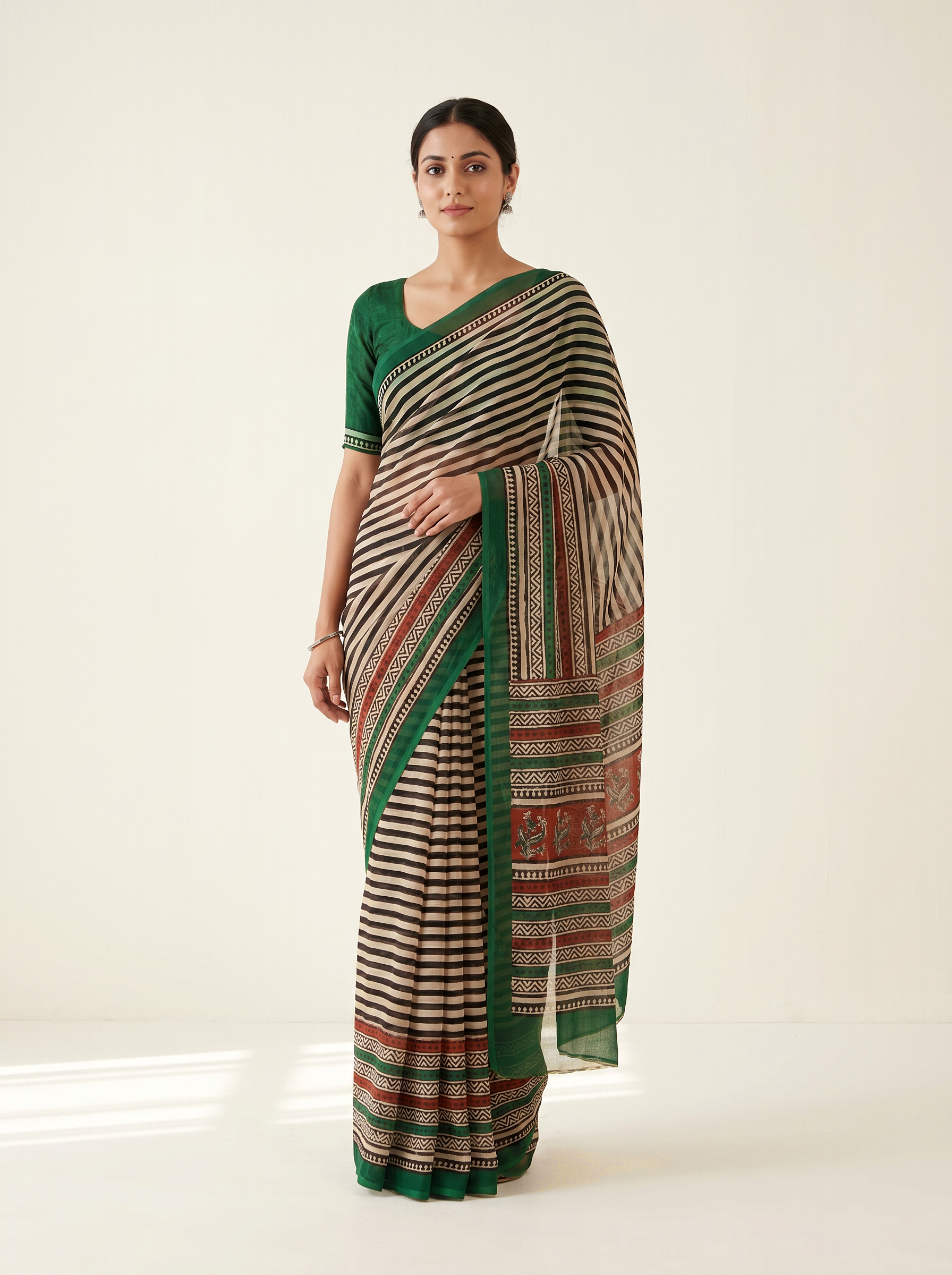 Bottle Green + Off White + Beige + Peach pure double diamond chiffon saree with Bagru Ajrakh print
