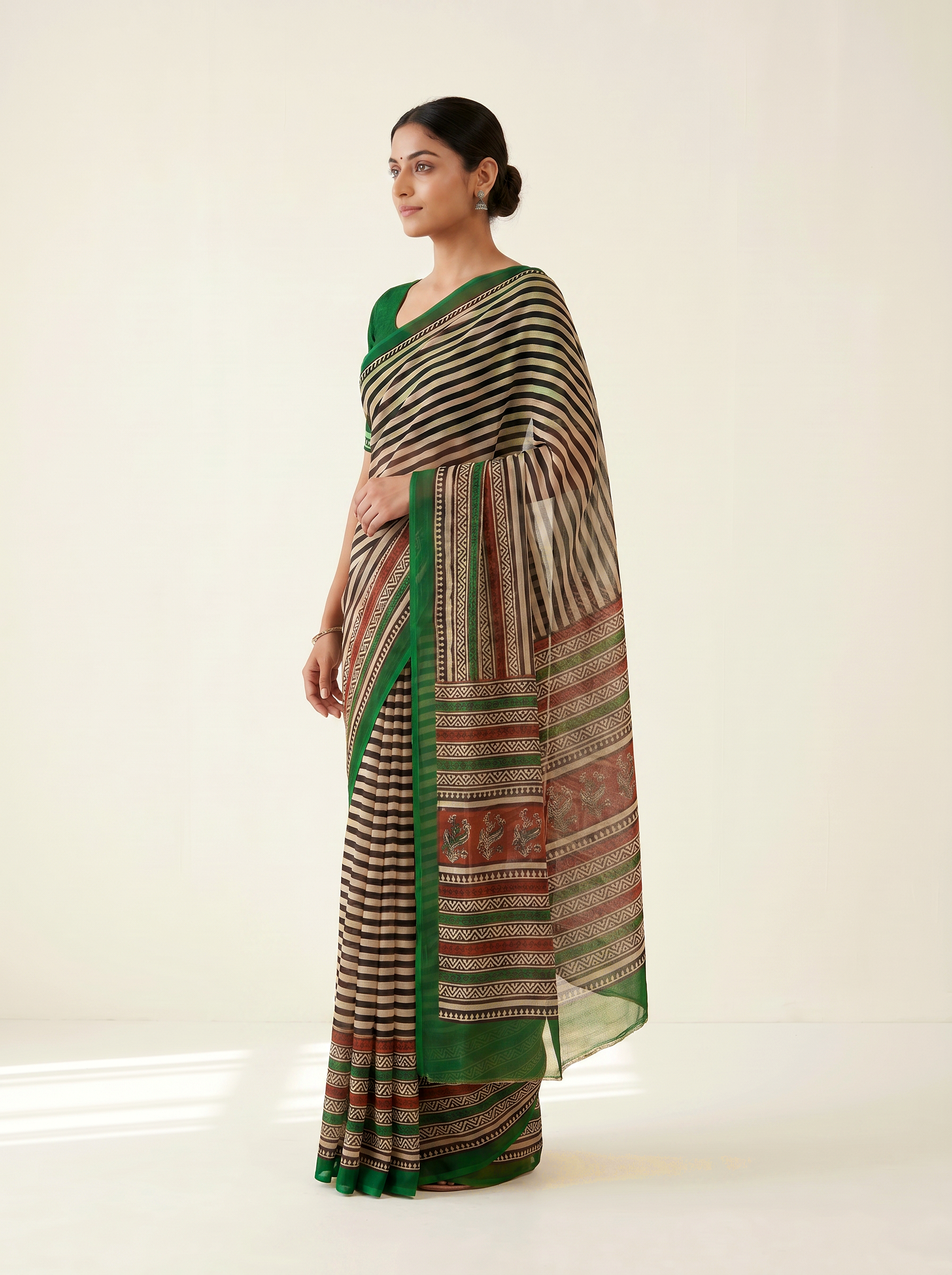Pure Double Diamond Chiffon Saree | Bottle Green + Off White + Beige + Peach Bagru Handblock Ajrakh Print | Natural Dye | Nazakat image 2