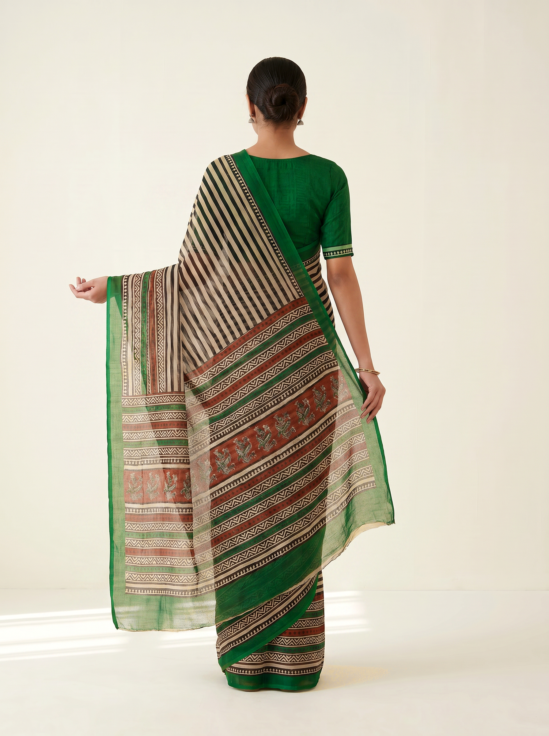 Pure Double Diamond Chiffon Saree | Bottle Green + Off White + Beige + Peach Bagru Handblock Ajrakh Print | Natural Dye | Nazakat image 3