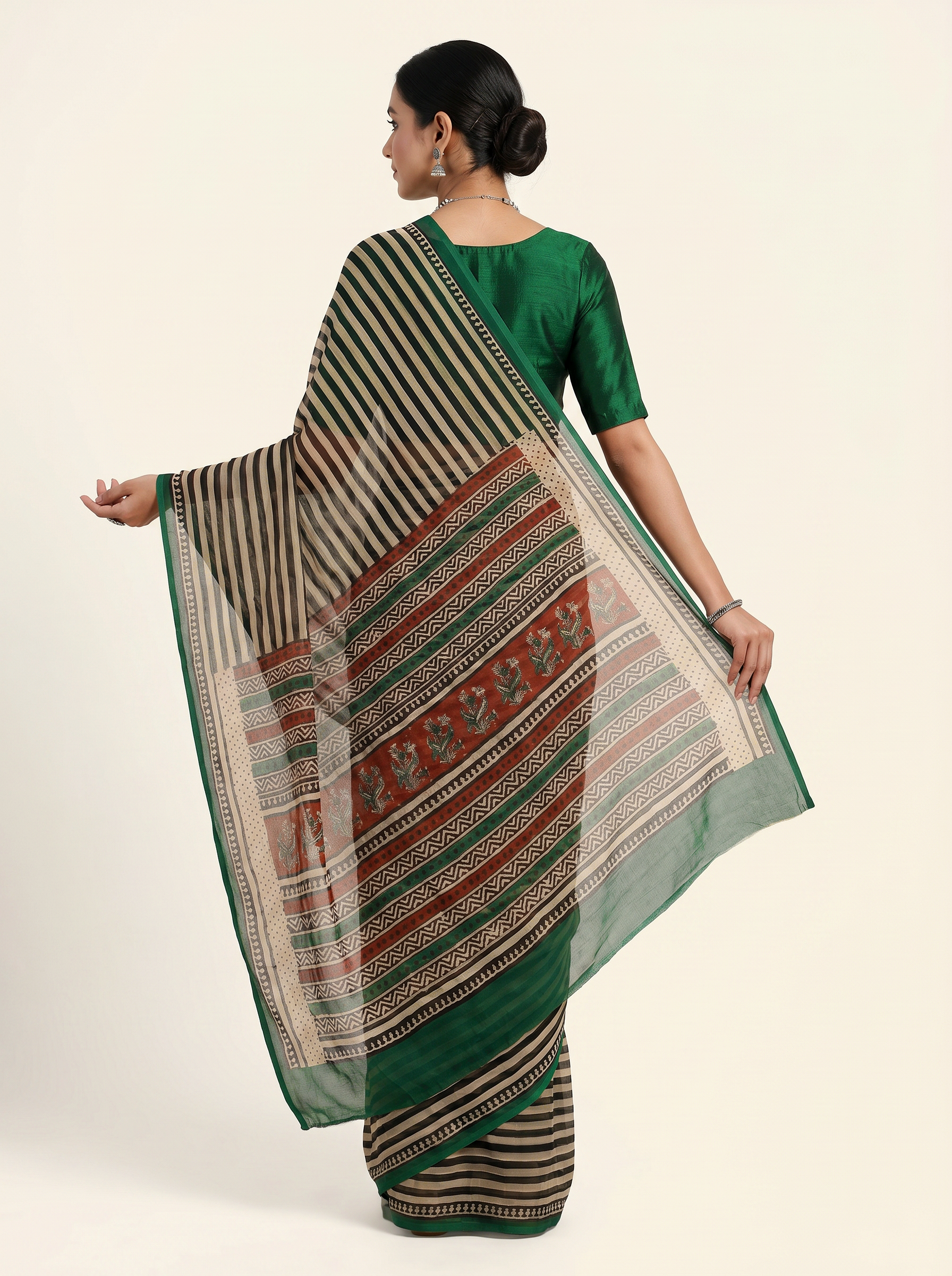 Pure Double Diamond Chiffon Saree | Bottle Green + Off White + Beige + Peach Bagru Handblock Ajrakh Print | Natural Dye | Nazakat image 4