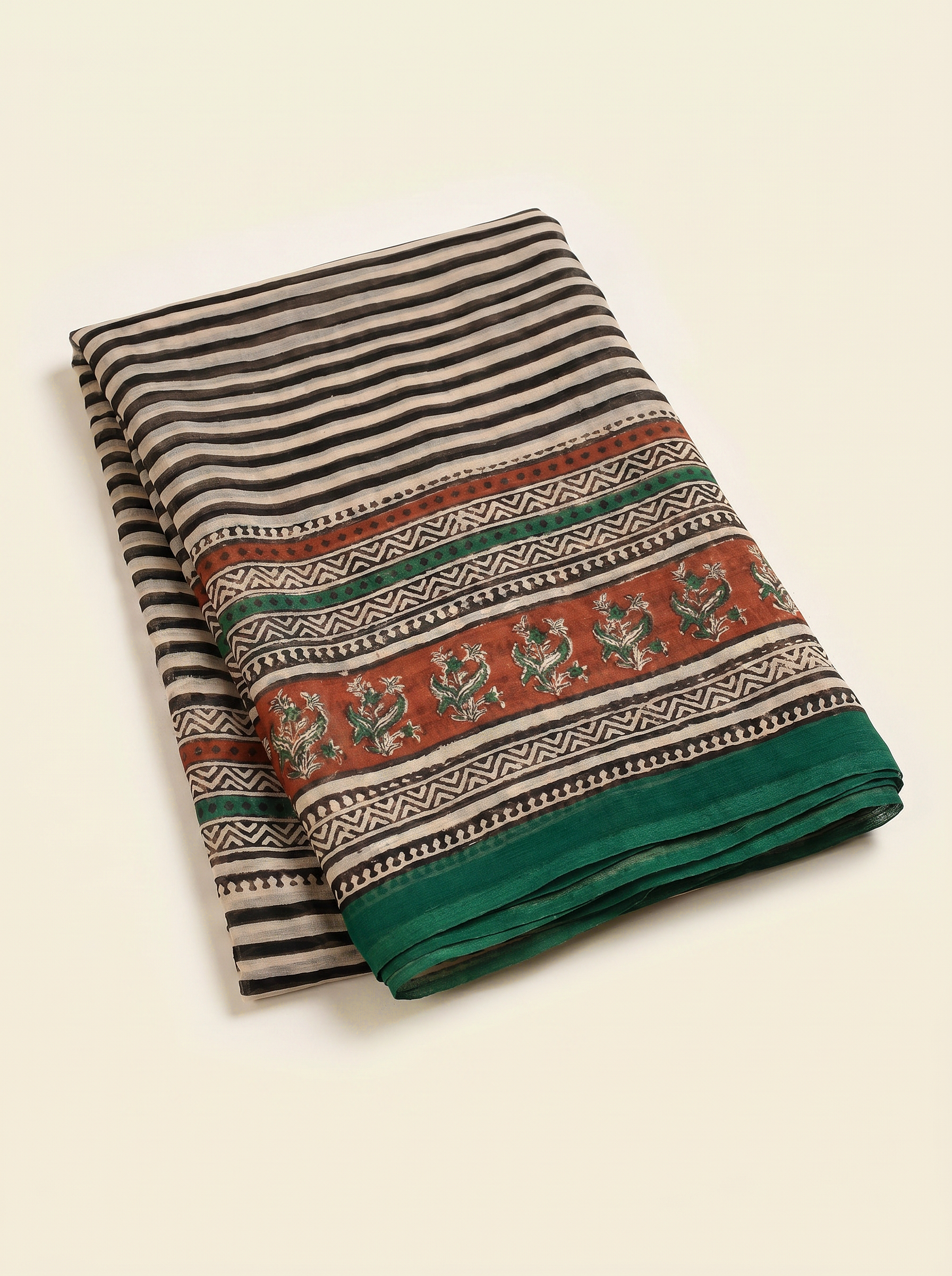 Pure Double Diamond Chiffon Saree | Bottle Green + Off White + Beige + Peach Bagru Handblock Ajrakh Print | Natural Dye | Nazakat image 5