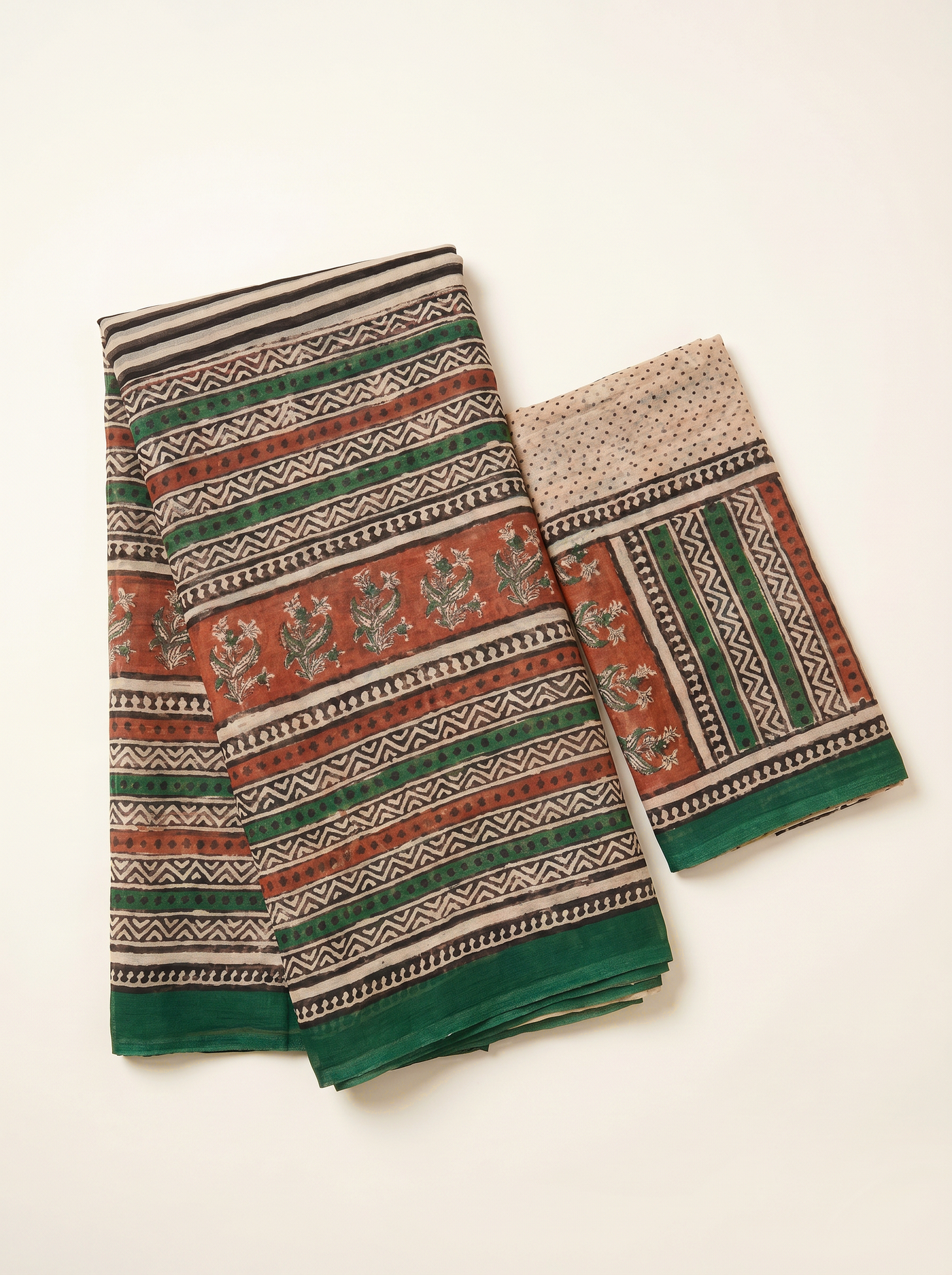 Pure Double Diamond Chiffon Saree | Bottle Green + Off White + Beige + Peach Bagru Handblock Ajrakh Print | Natural Dye | Nazakat image 6
