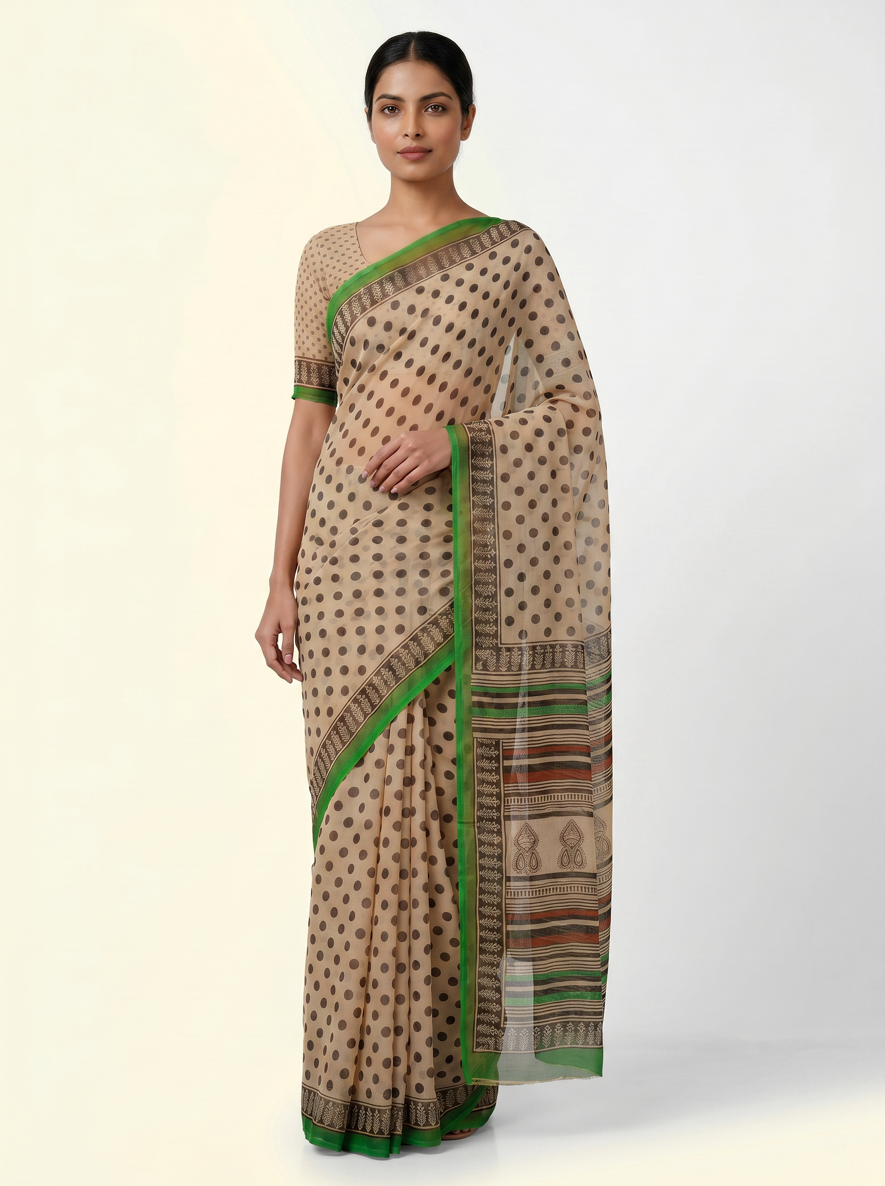 Charcoal Grey + Brick Red + Burnt Orange + Beige + Grey pure double diamond chiffon saree with Bagru Ajrakh print
