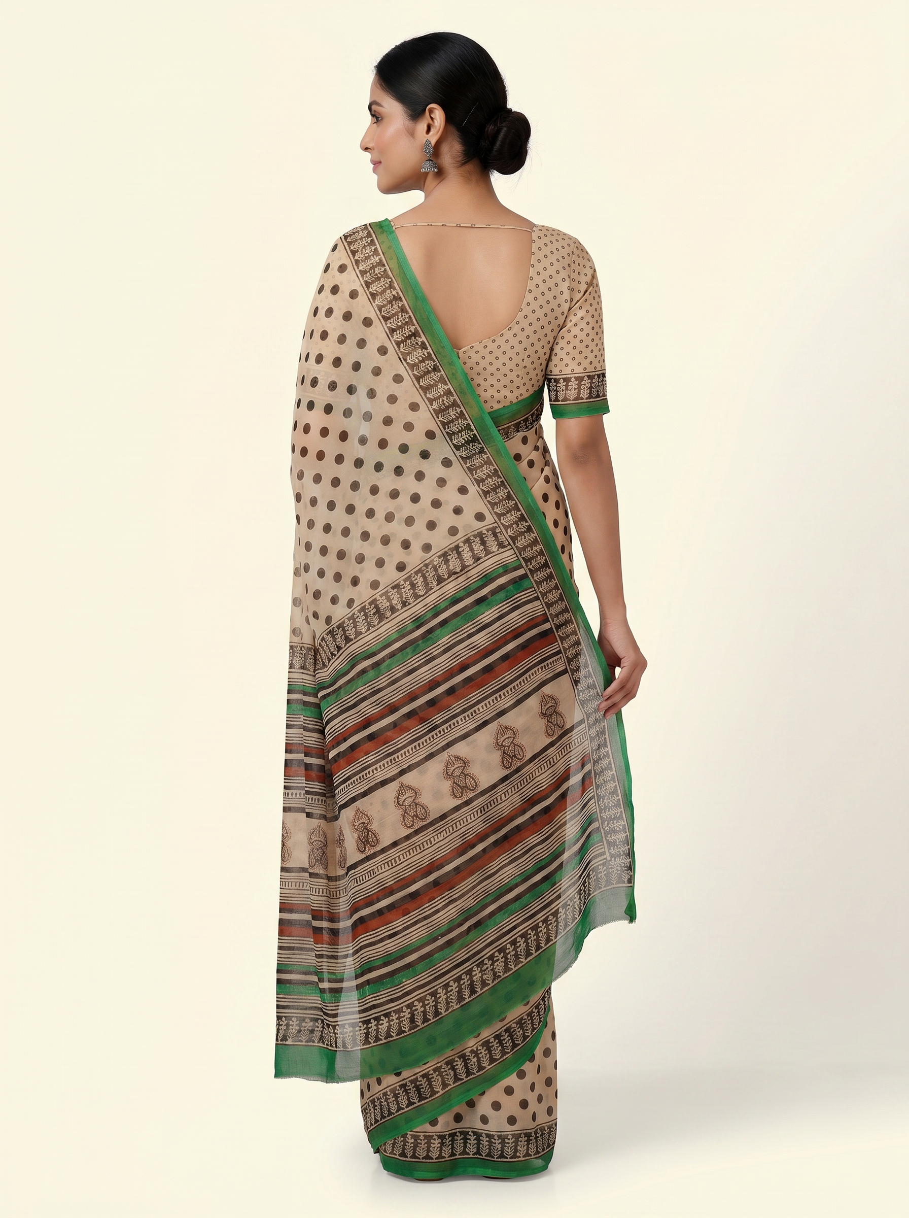 Pure Double Diamond Chiffon Saree | Charcoal Grey + Brick Red + Burnt Orange + Beige + Grey Bagru Handblock Ajrakh Print | Natural Dye | Nazakat image 3