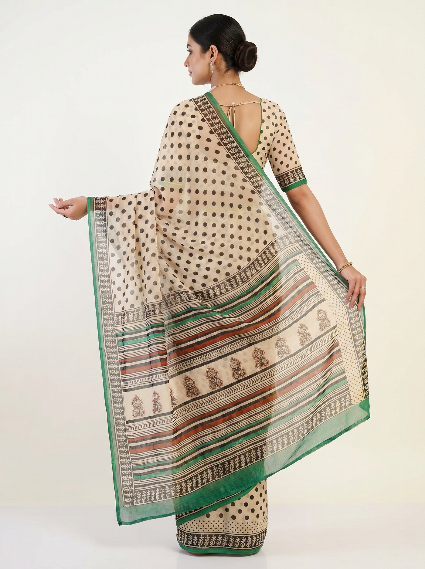 Pure Double Diamond Chiffon Saree | Charcoal Grey + Brick Red + Burnt Orange + Beige + Grey Bagru Handblock Ajrakh Print | Natural Dye | Nazakat image 4