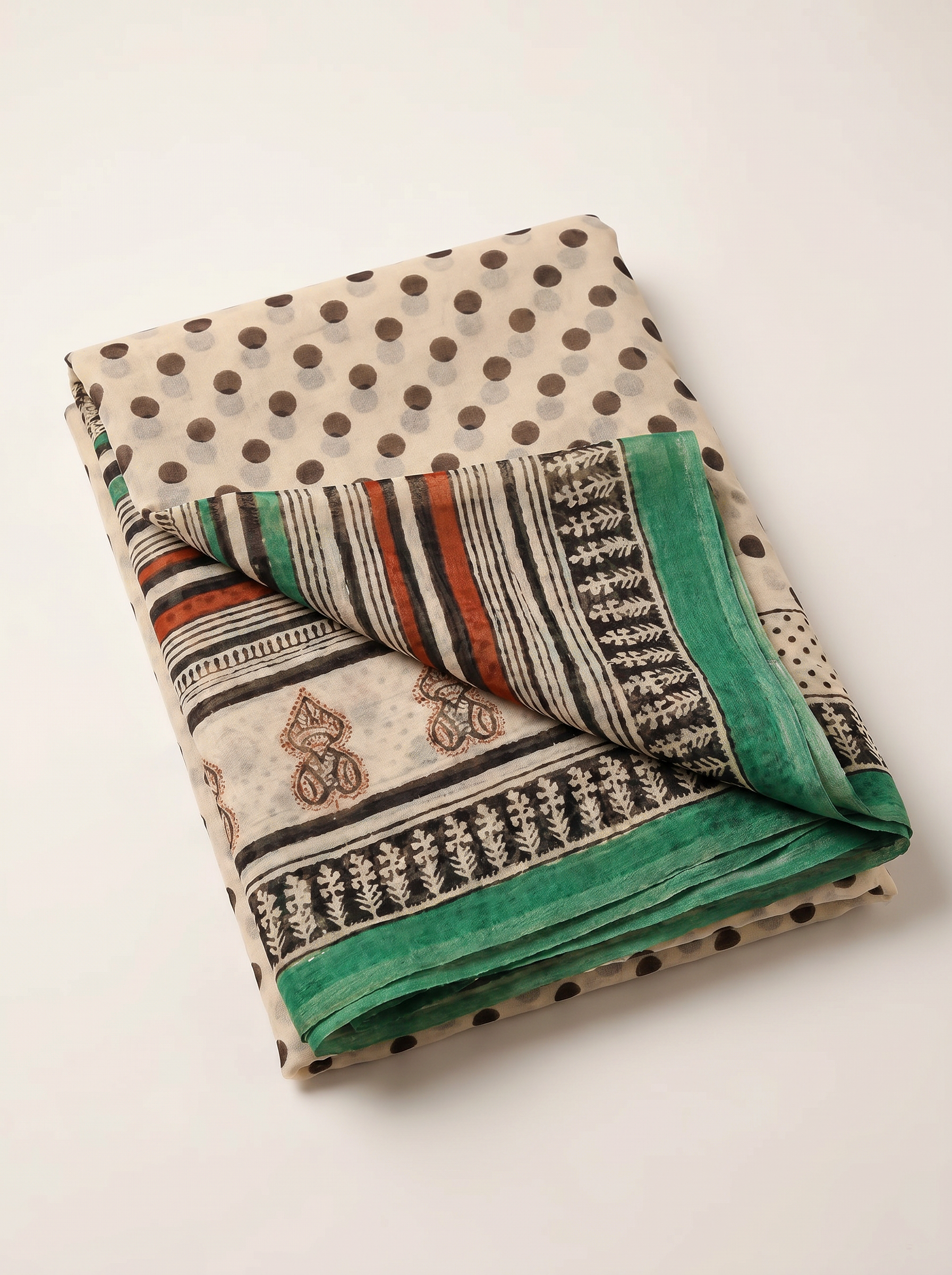 Pure Double Diamond Chiffon Saree | Charcoal Grey + Brick Red + Burnt Orange + Beige + Grey Bagru Handblock Ajrakh Print | Natural Dye | Nazakat image 5