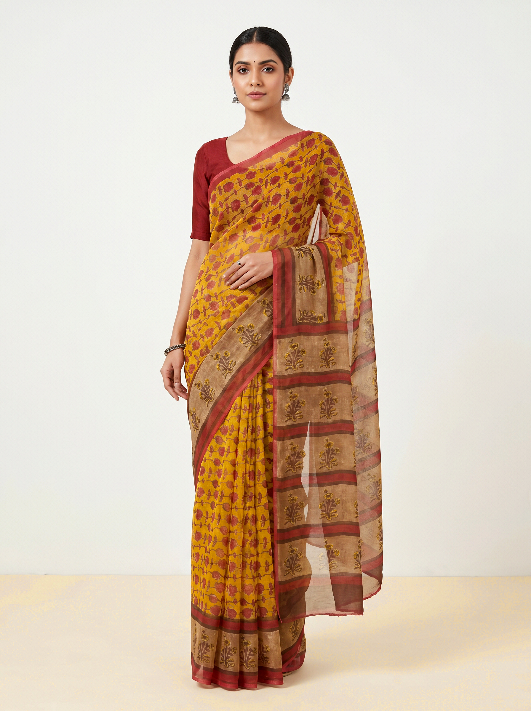 Burnt Orange + Deep Red pure double diamond chiffon saree with Bagru Ajrakh print