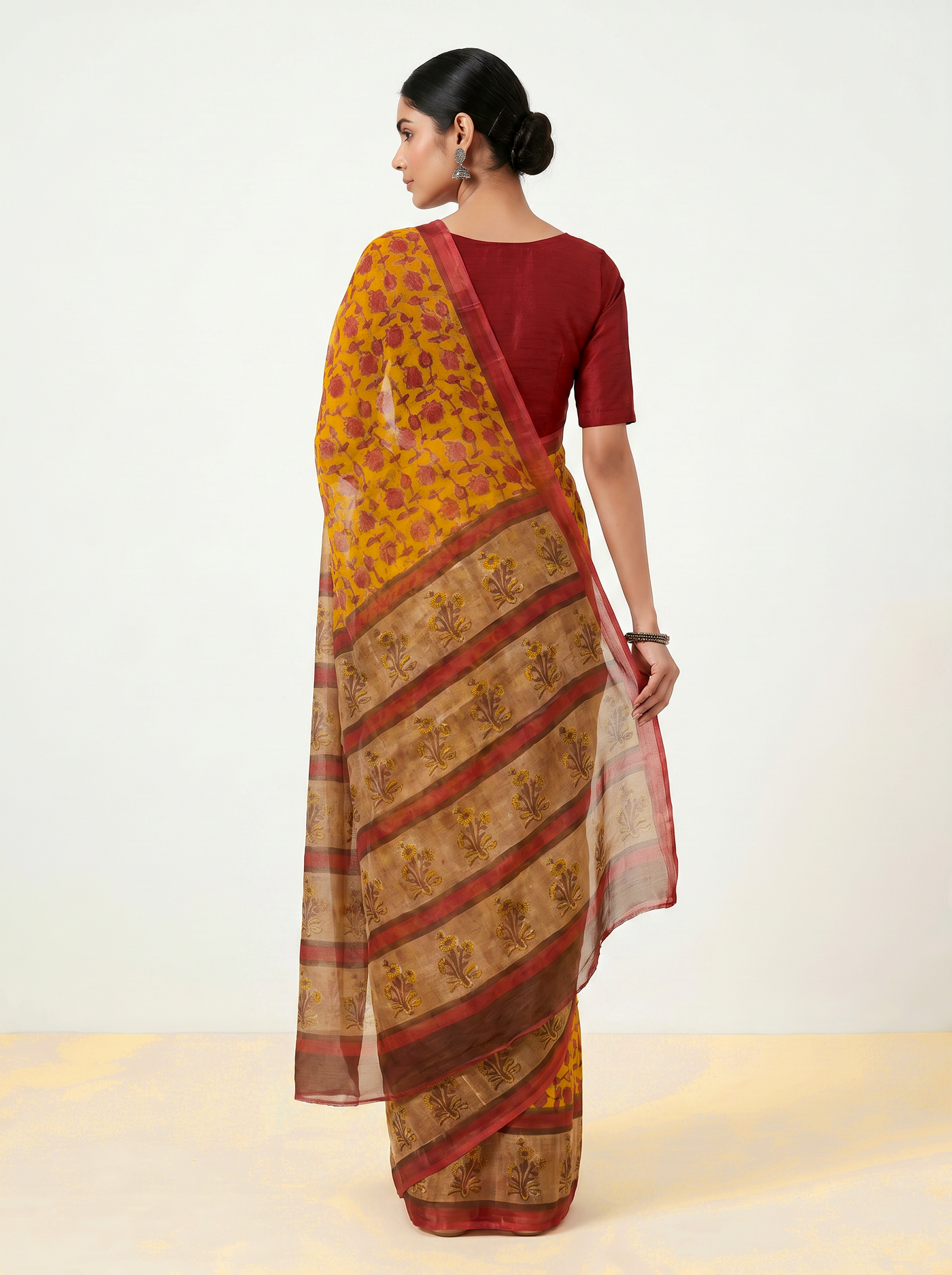 Pure Double Diamond Chiffon Saree | Burnt Orange + Deep Red Bagru Handblock Ajrakh Print | Natural Dye | Nazakat image 3