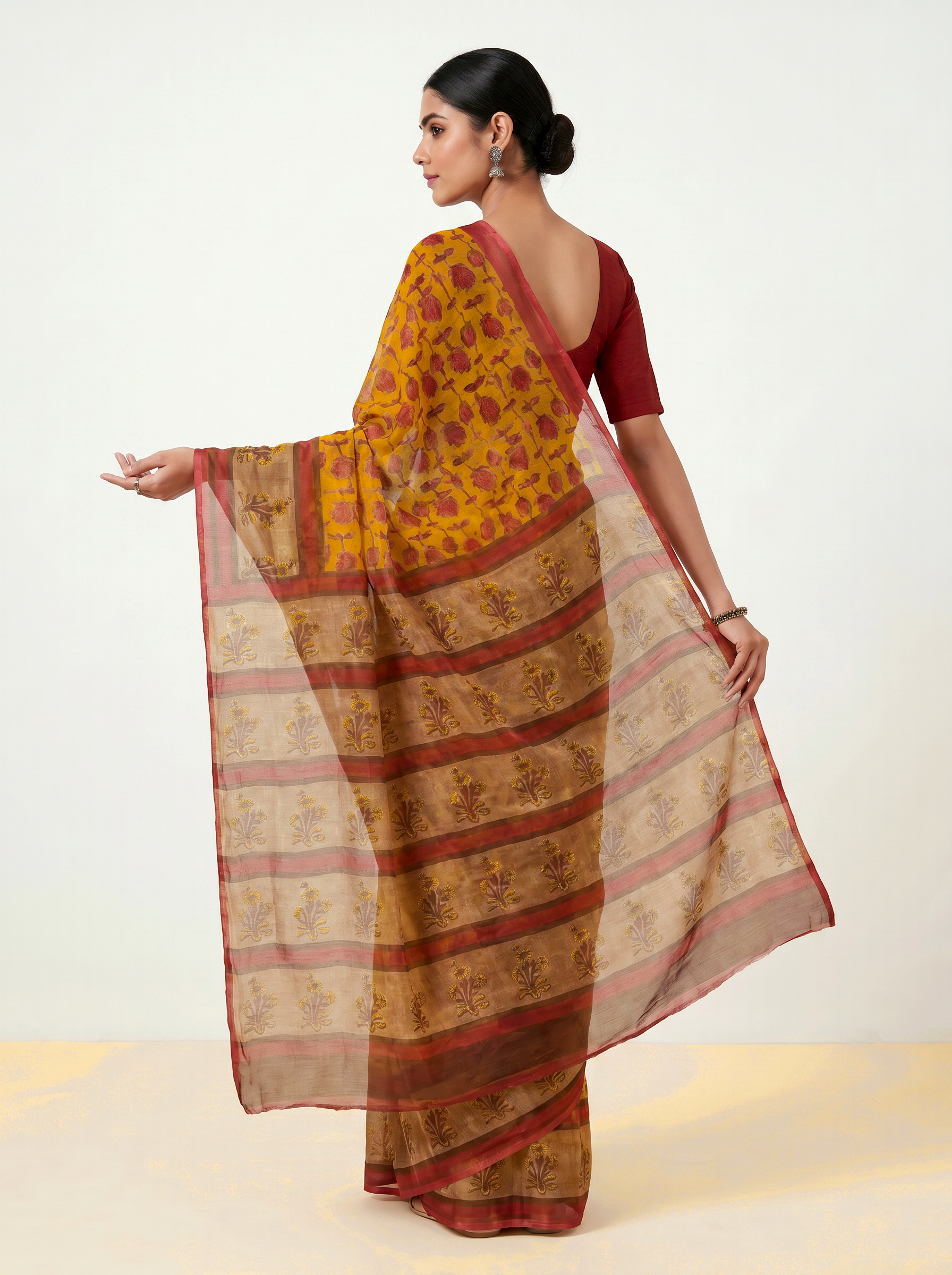 Pure Double Diamond Chiffon Saree | Burnt Orange + Deep Red Bagru Handblock Ajrakh Print | Natural Dye | Nazakat image 4