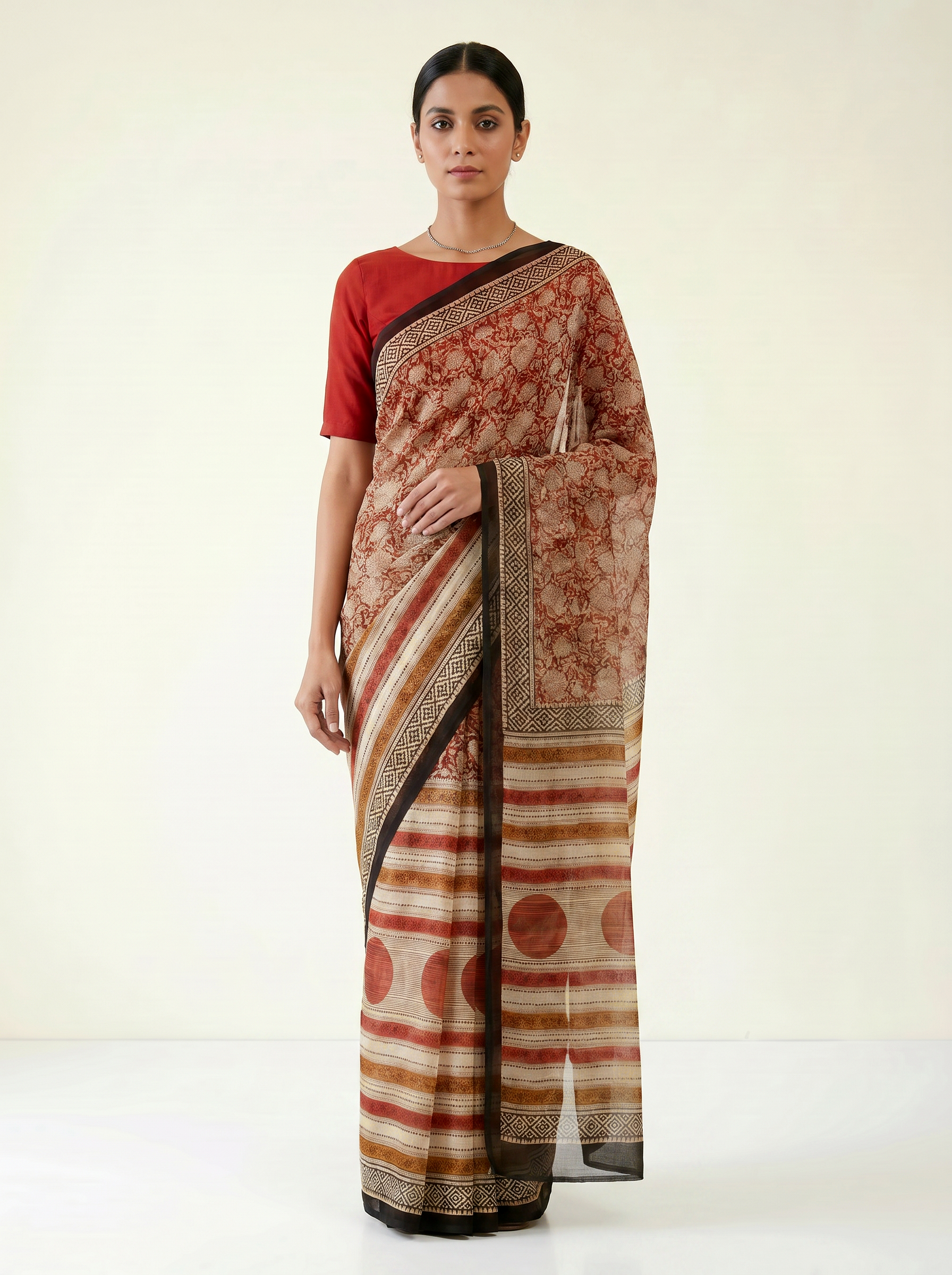 Burnt Orange + Off White + Beige + Wine pure double diamond chiffon saree with Bagru Ajrakh print