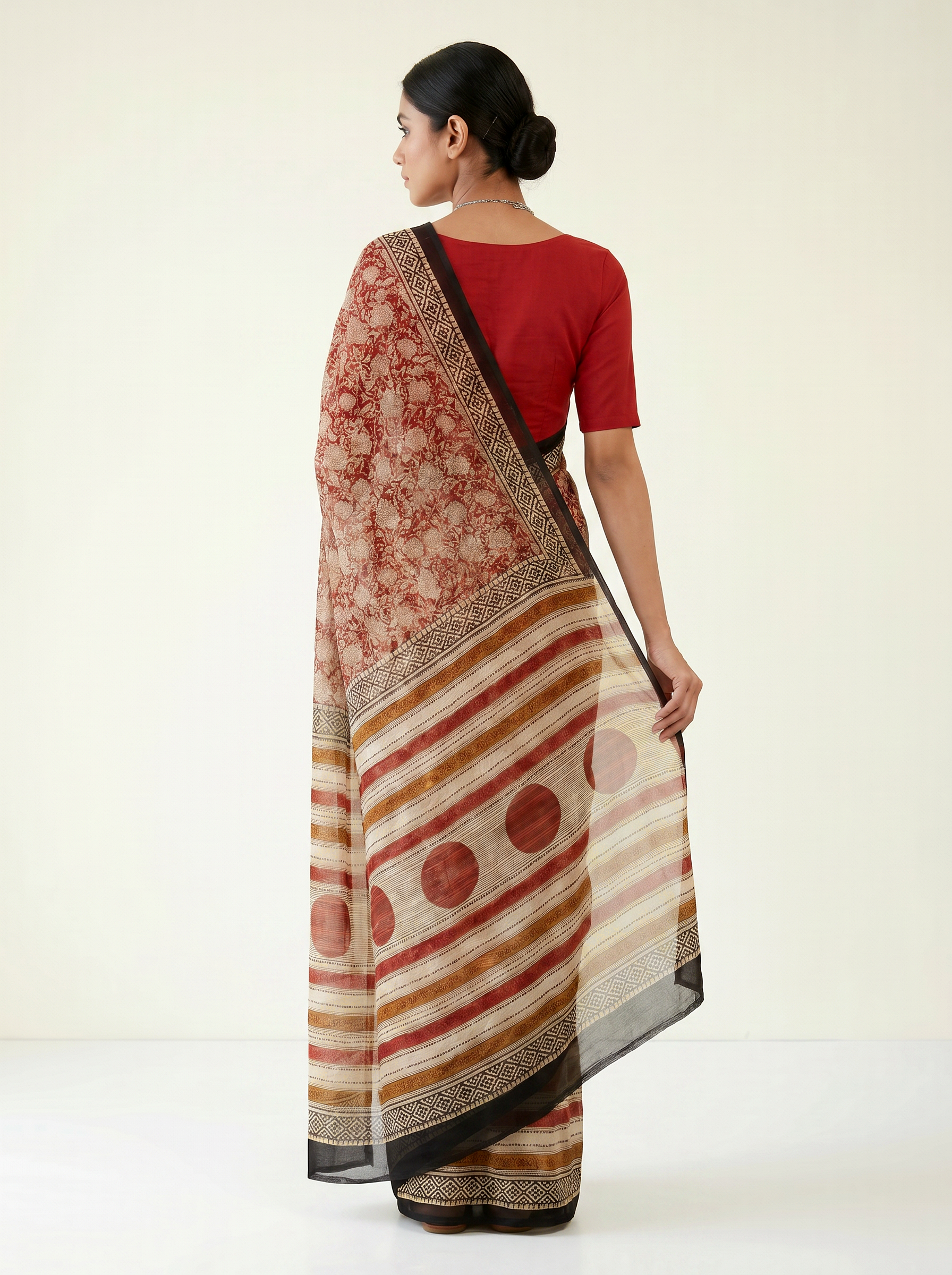 Pure Double Diamond Chiffon Saree | Burnt Orange + Off White + Beige + Wine Bagru Handblock Ajrakh Print | Natural Dye | Nazakat image 3