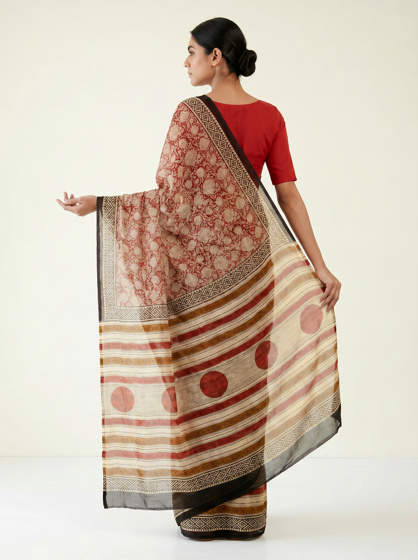 Pure Double Diamond Chiffon Saree | Burnt Orange + Off White + Beige + Wine Bagru Handblock Ajrakh Print | Natural Dye | Nazakat image 4