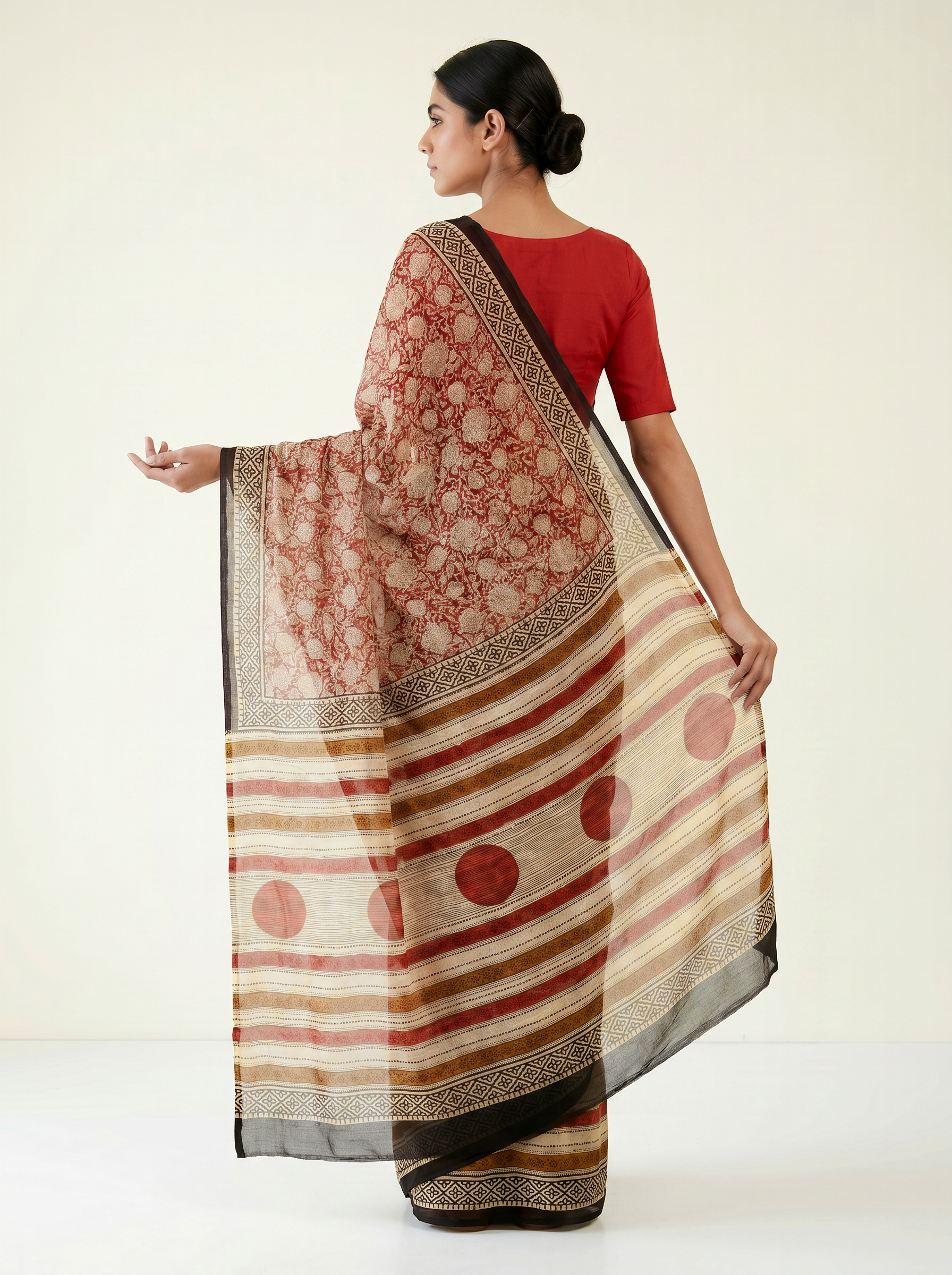 Pure Double Diamond Chiffon Saree | Burnt Orange + Off White + Beige + Wine Bagru Handblock Ajrakh Print | Natural Dye | Nazakat image 4